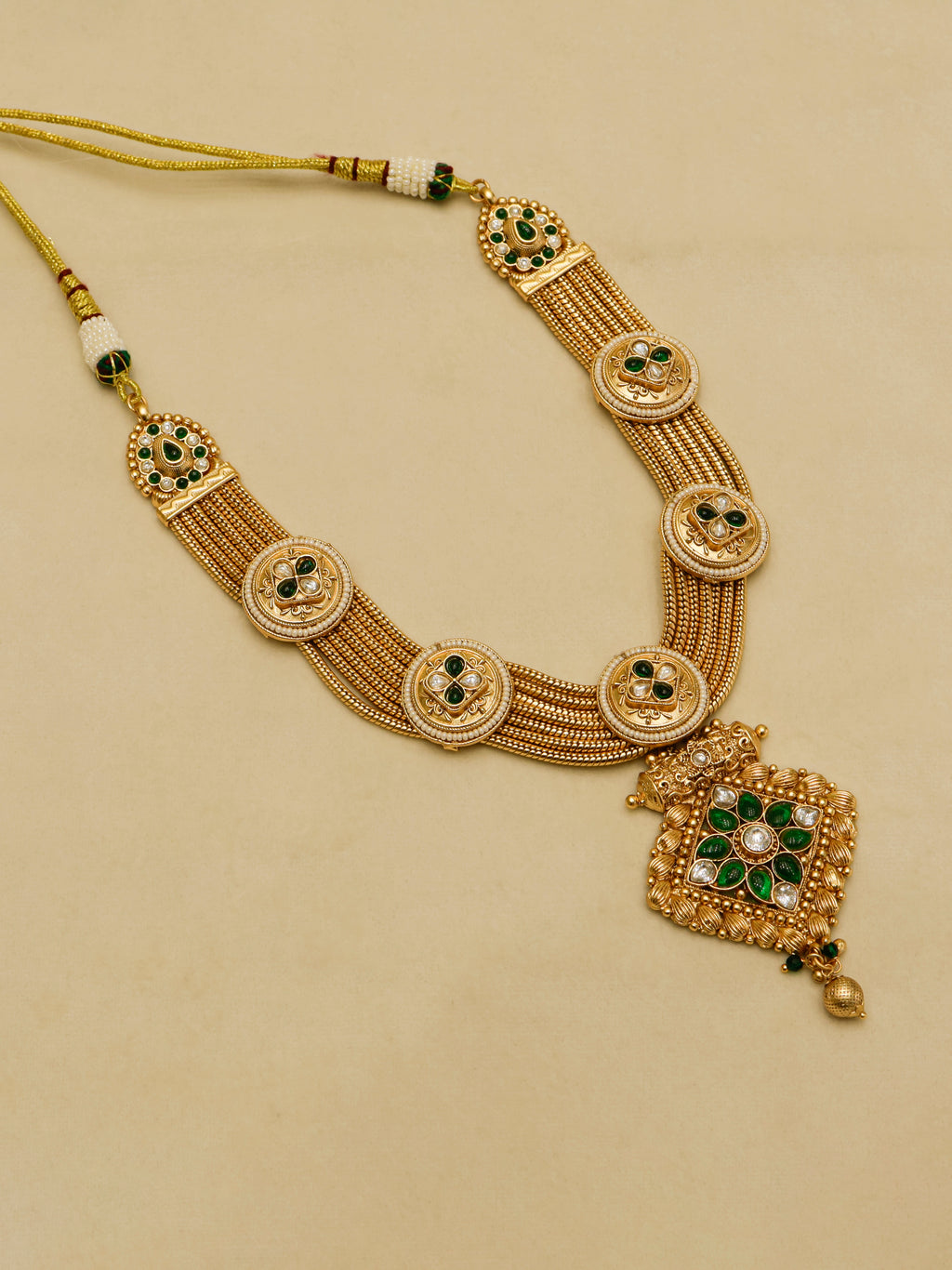 Aanura Antique Long Necklace with Ruby Pendant & Pearls