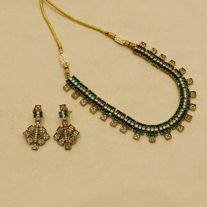 Aanura Green Beaded Choker Necklace Set with Earrings