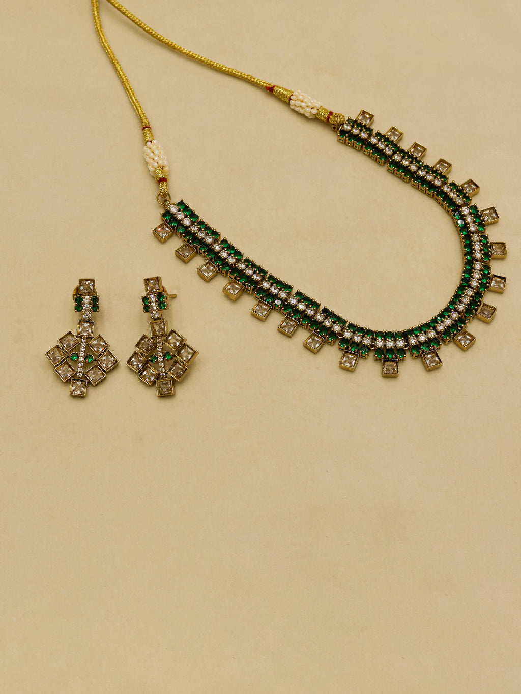 Aanura Green Beaded Choker Necklace Set with Earrings