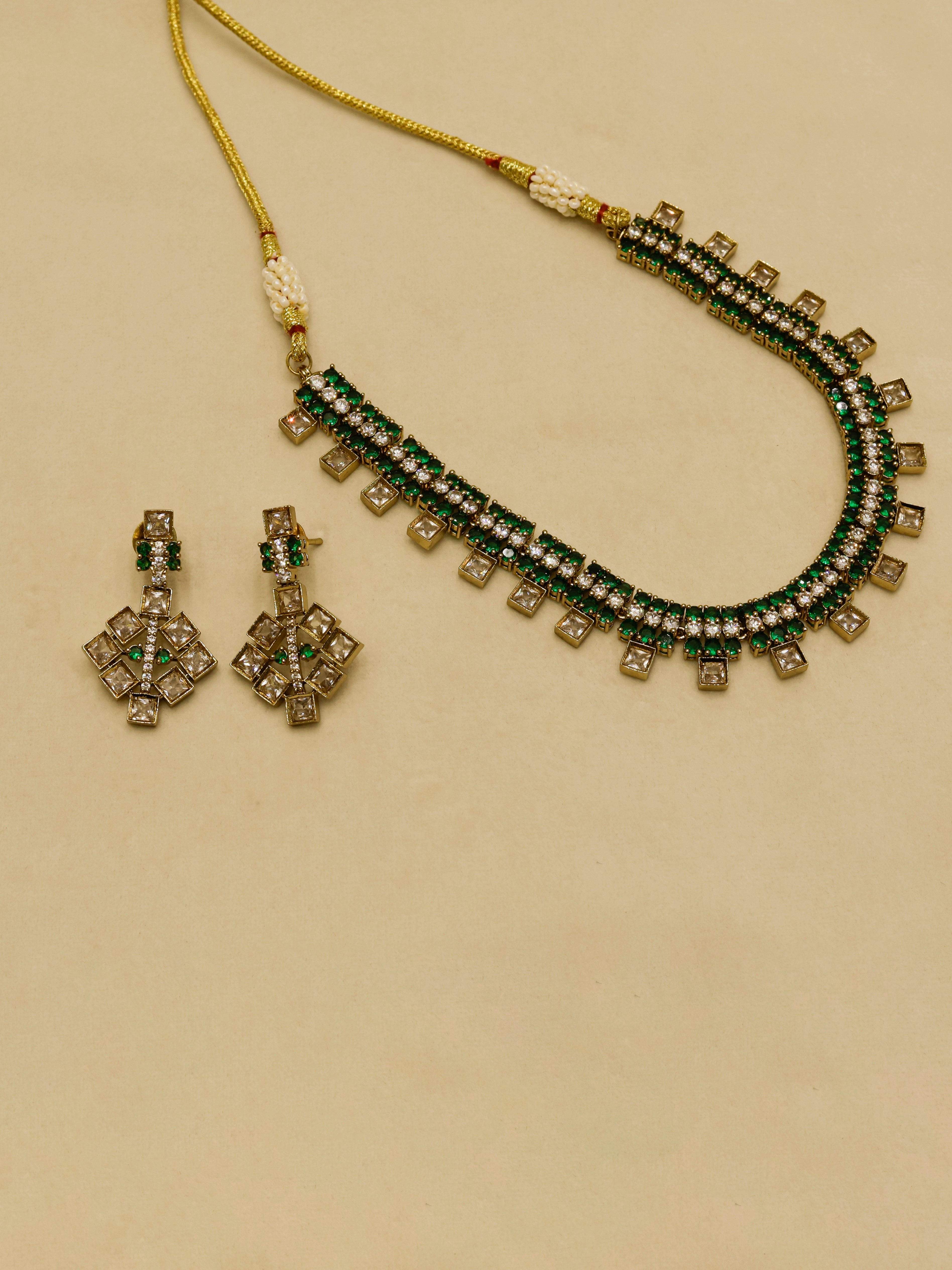 Aanura Green Beaded Choker Necklace Set with Earrings