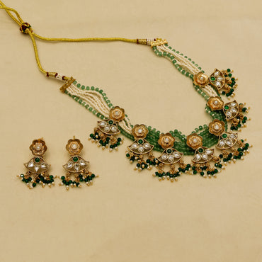 Aanura Floral Kundan Choker Necklace with Beaded Drops