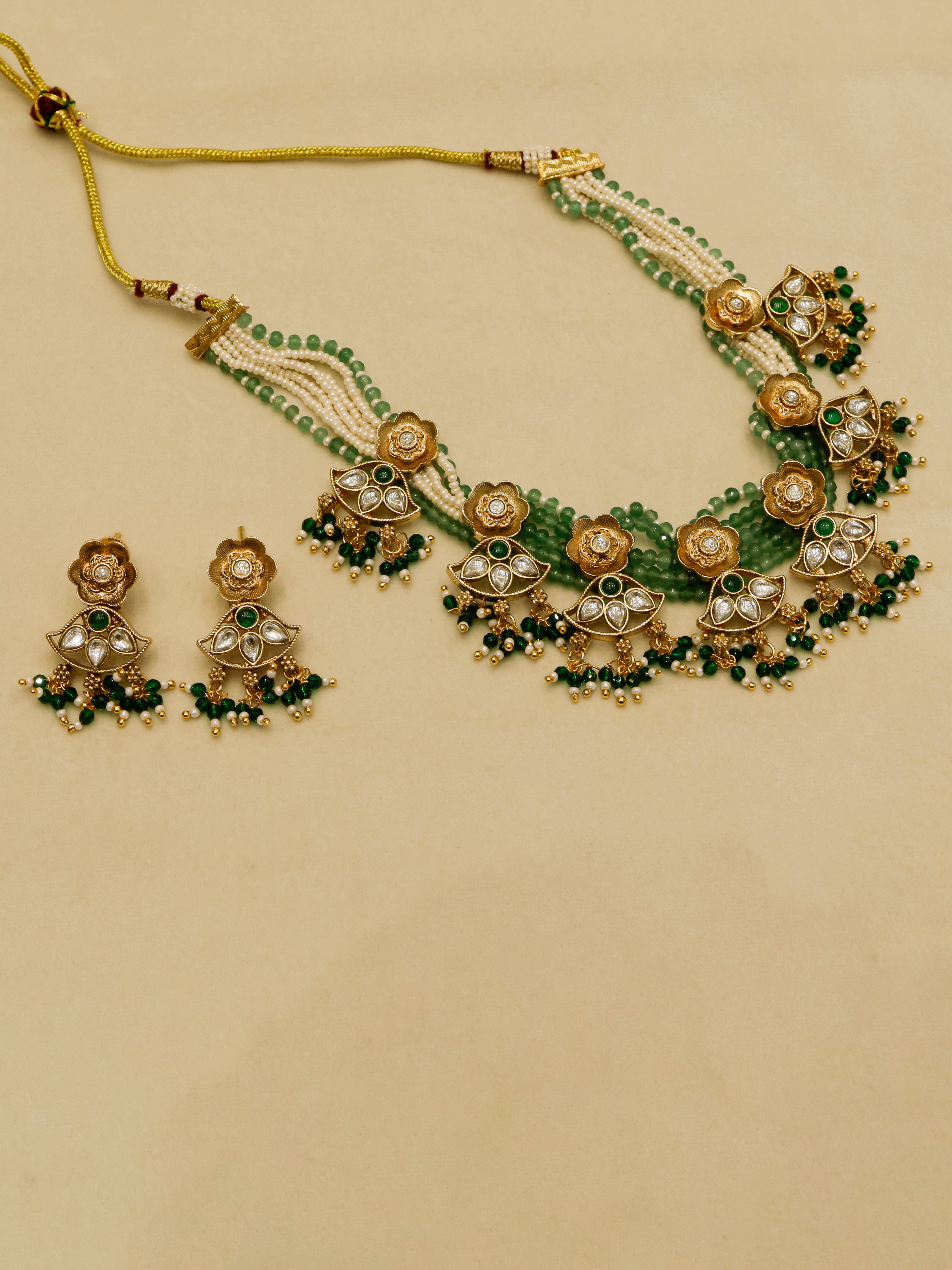 Aanura Floral Kundan Choker Necklace with Beaded Drops