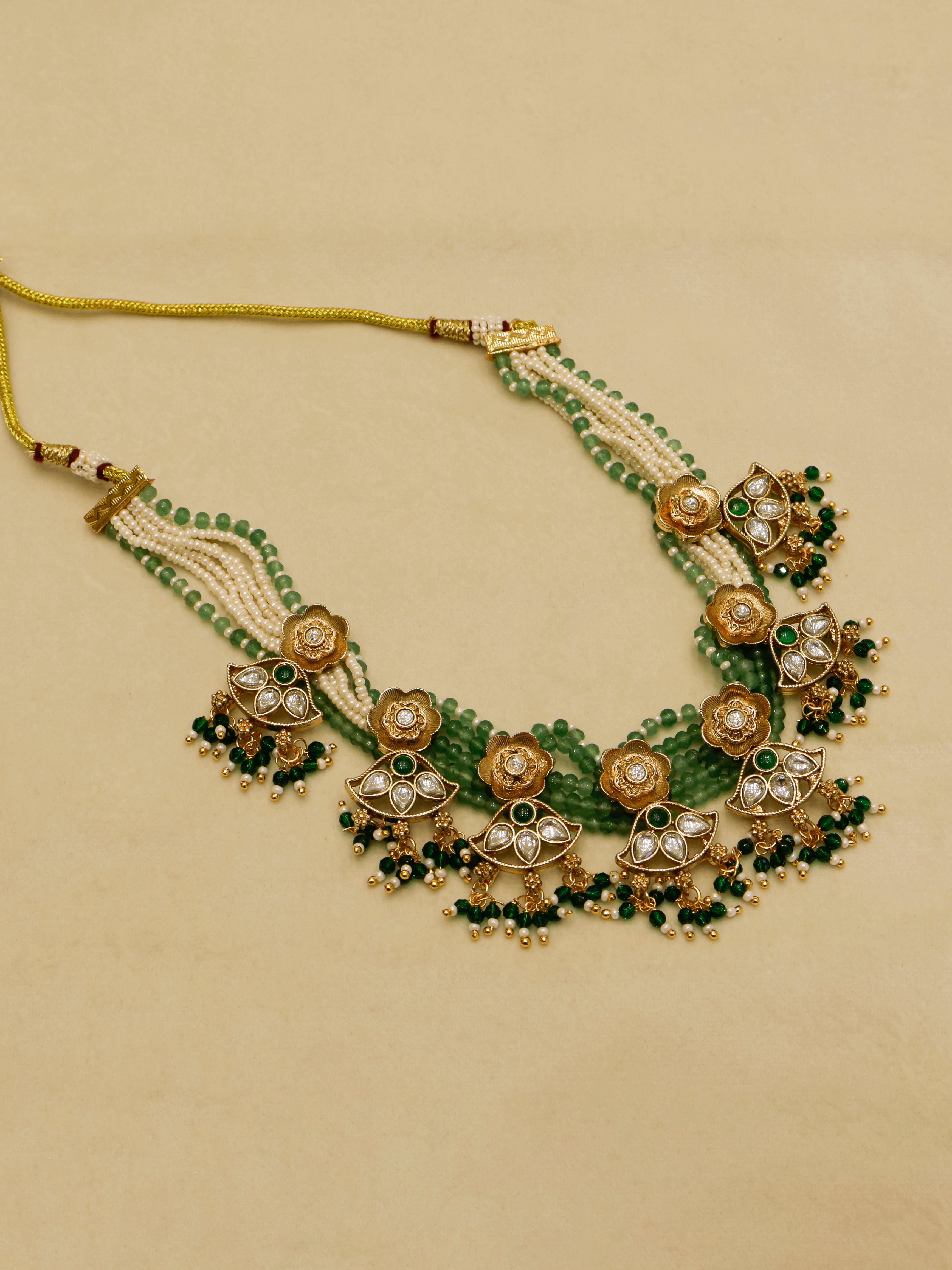 Aanura Floral Kundan Choker Necklace with Beaded Drops