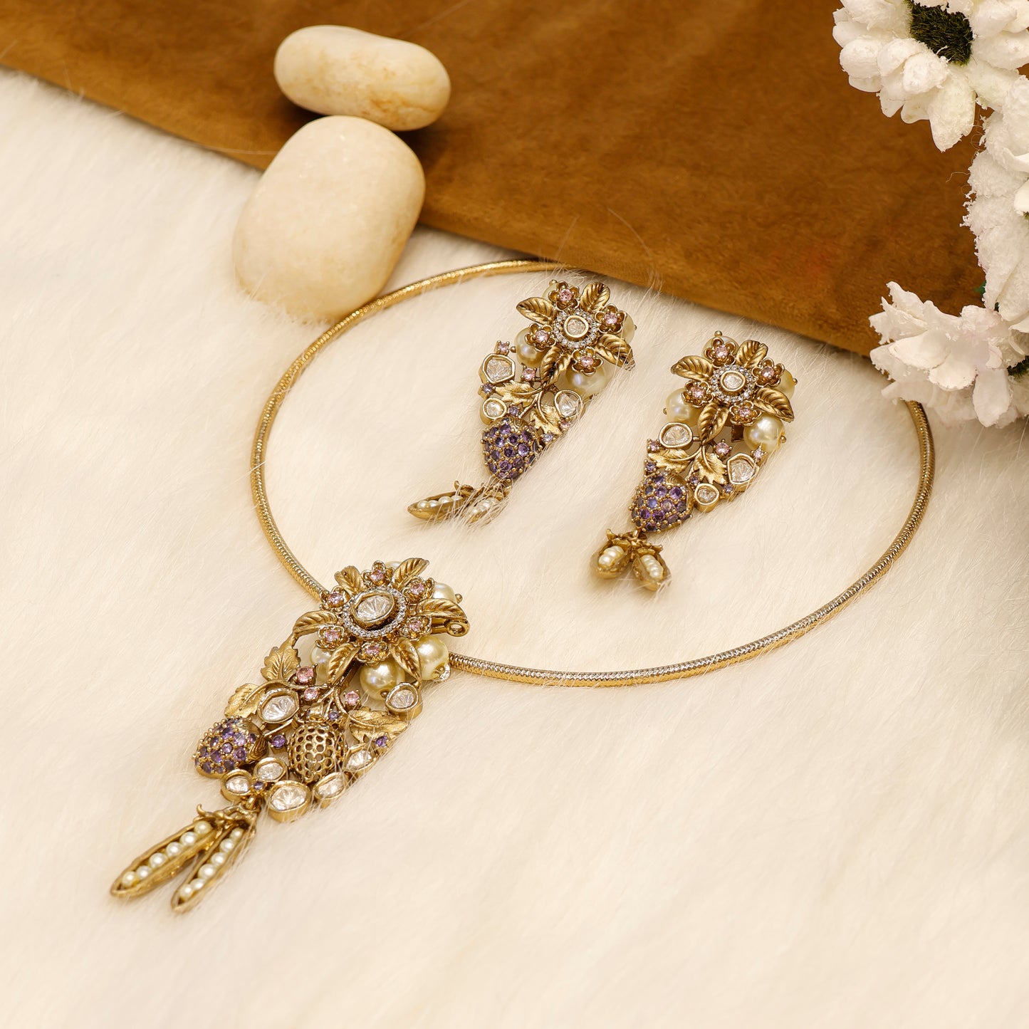 Aanura Antique Floral Pendant Necklace with Pearls
