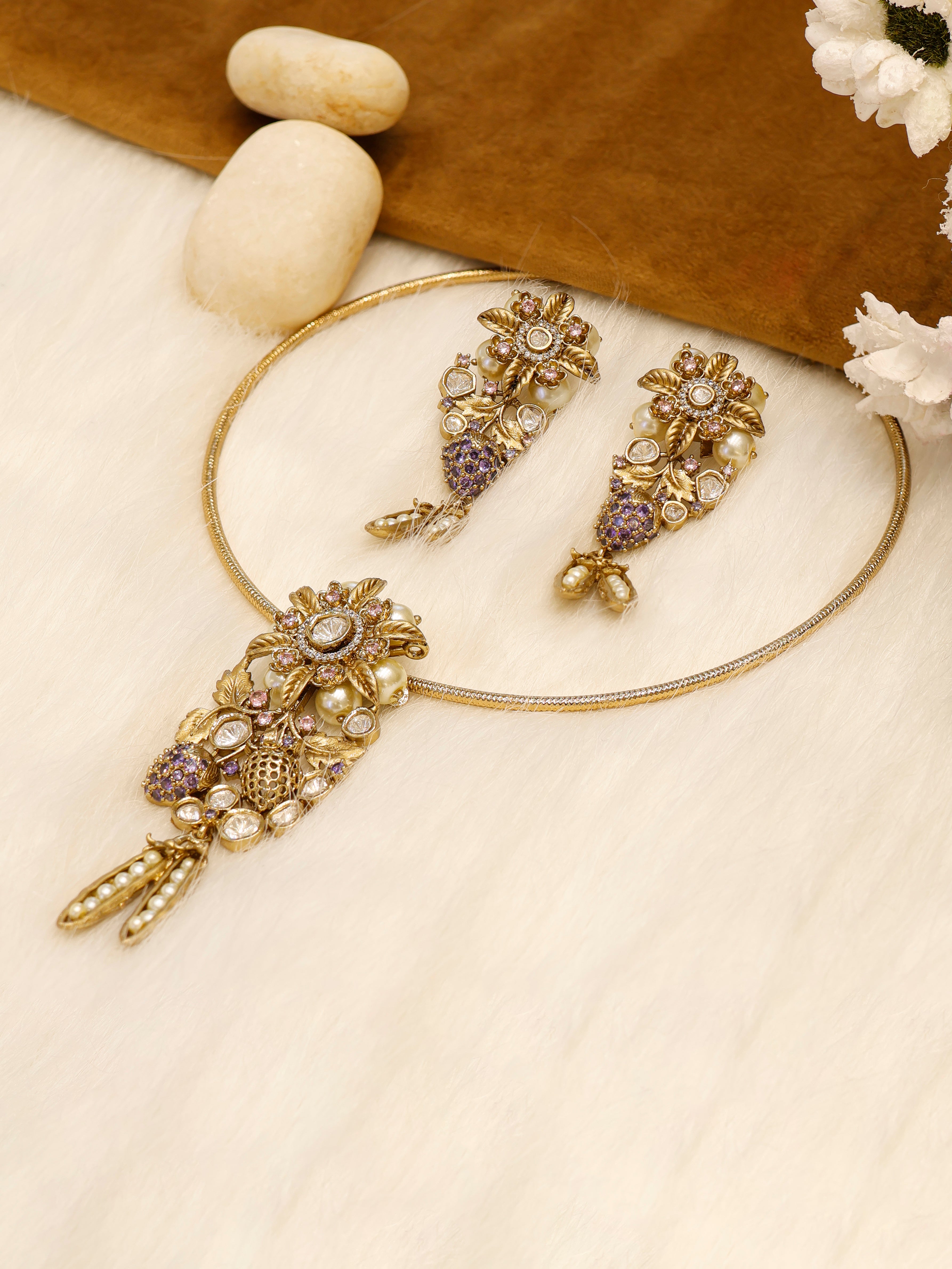 Aanura Antique Floral Pendant Necklace with Pearls