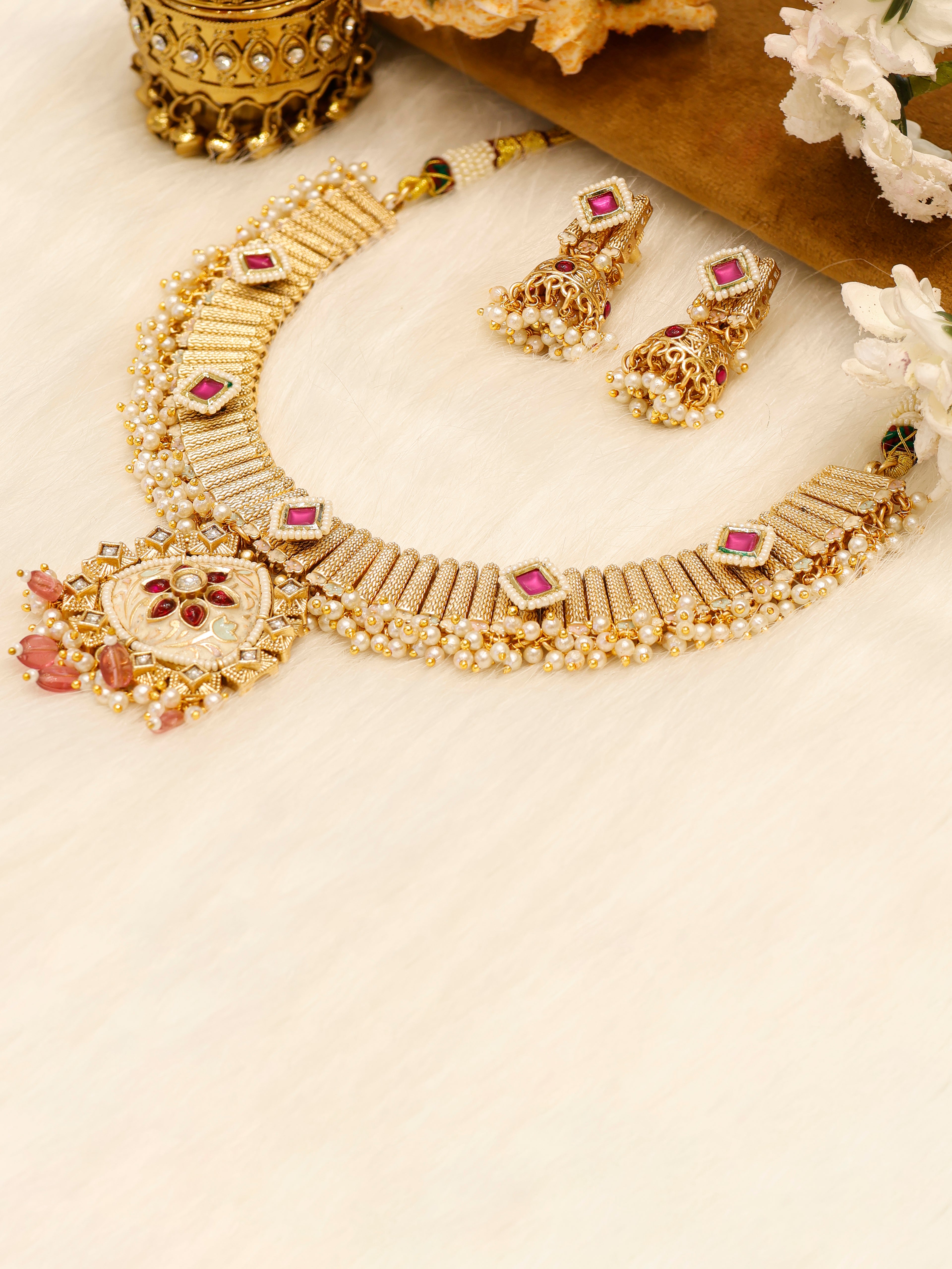 Aanura Kundan Choker Necklace with Green Stones & Pearls