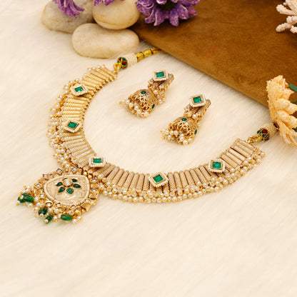 Aanura Kundan Choker Necklace with Green Stones & Pearls