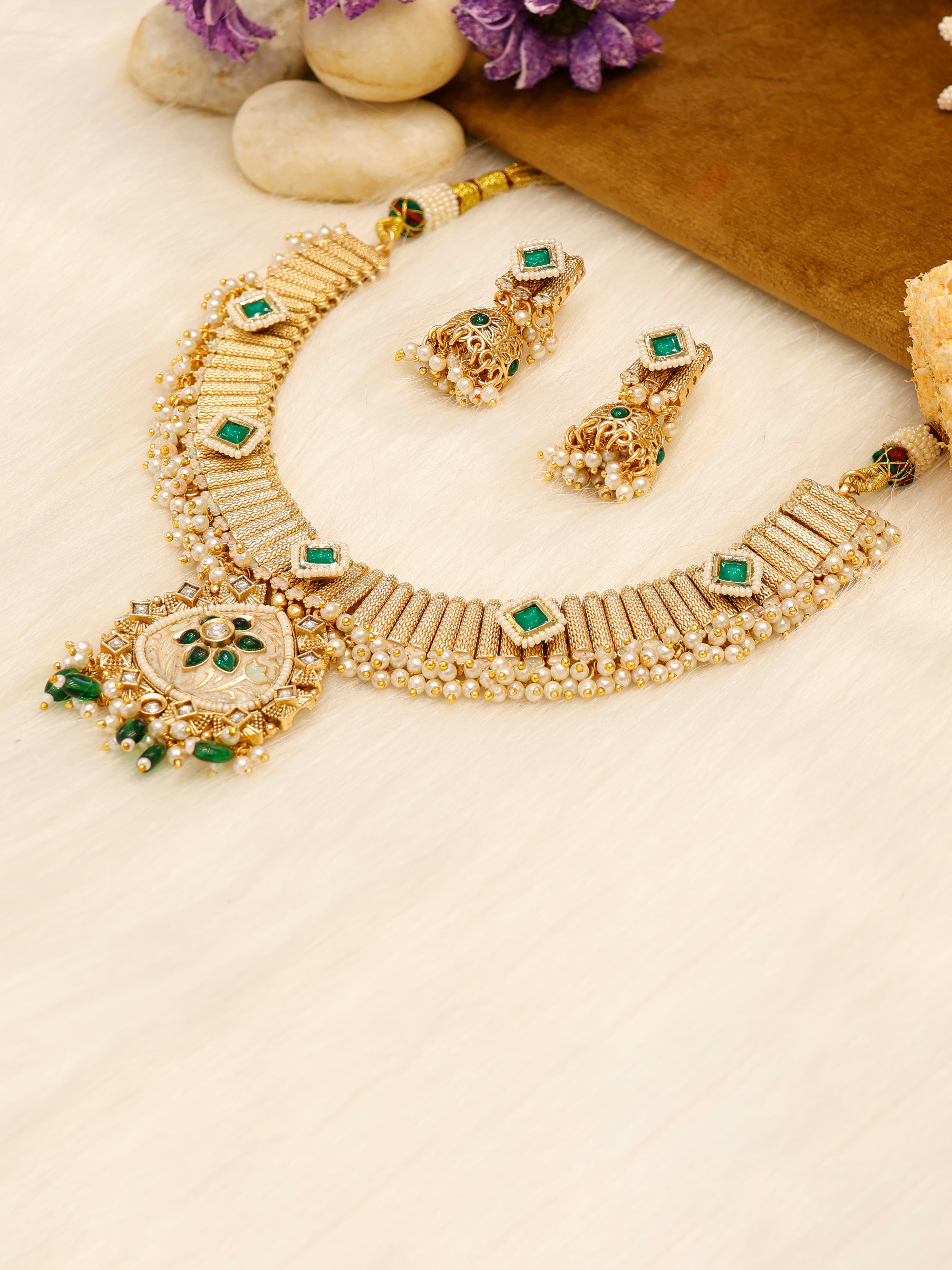 Aanura Kundan Choker Necklace with Green Stones & Pearls