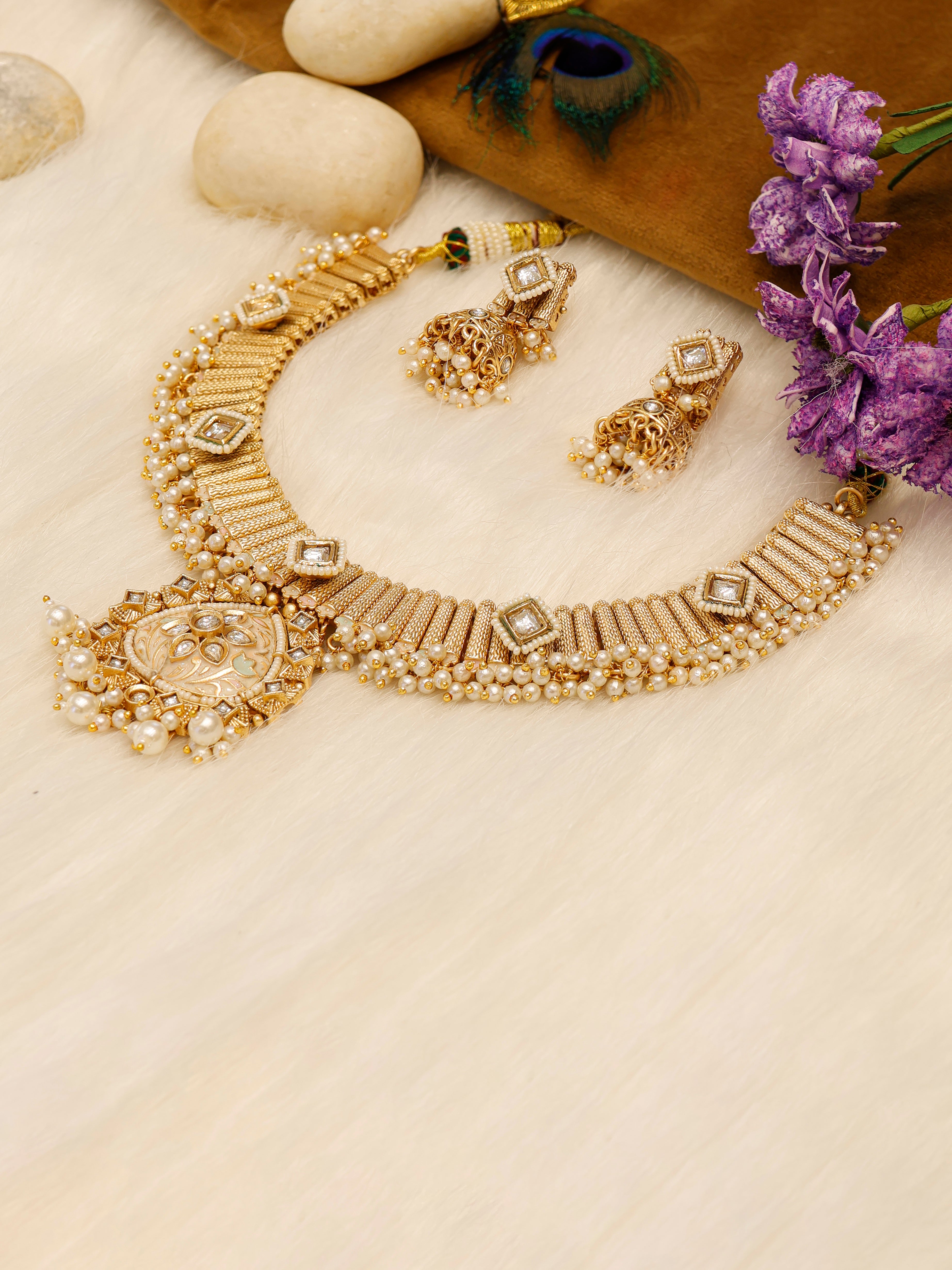 Aanura Kundan Choker Necklace with Green Stones & Pearls