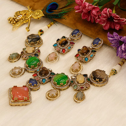 Aanura Navratna Statement Necklace with Multicolor Stones