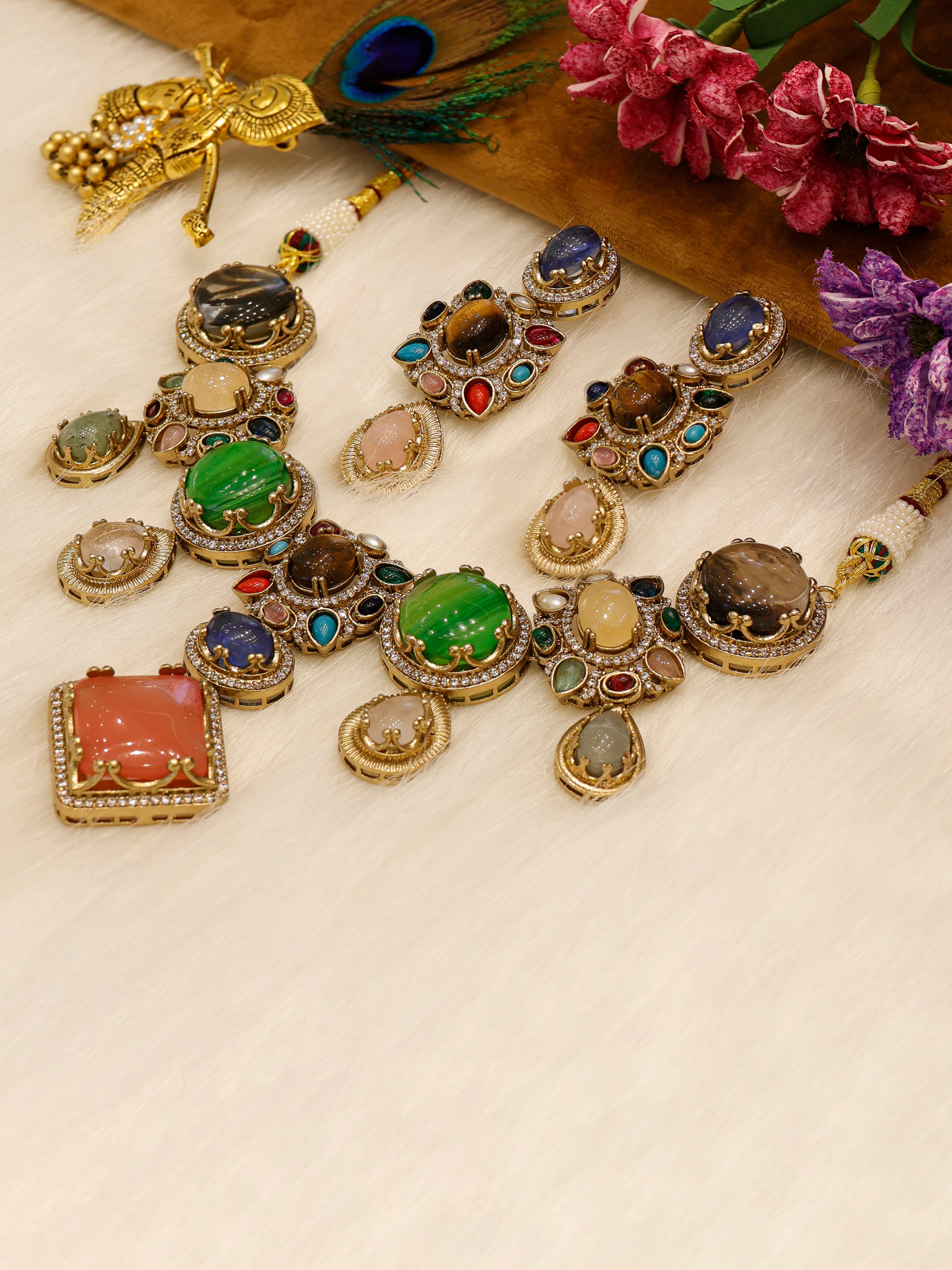 Aanura Navratna Statement Necklace with Multicolor Stones