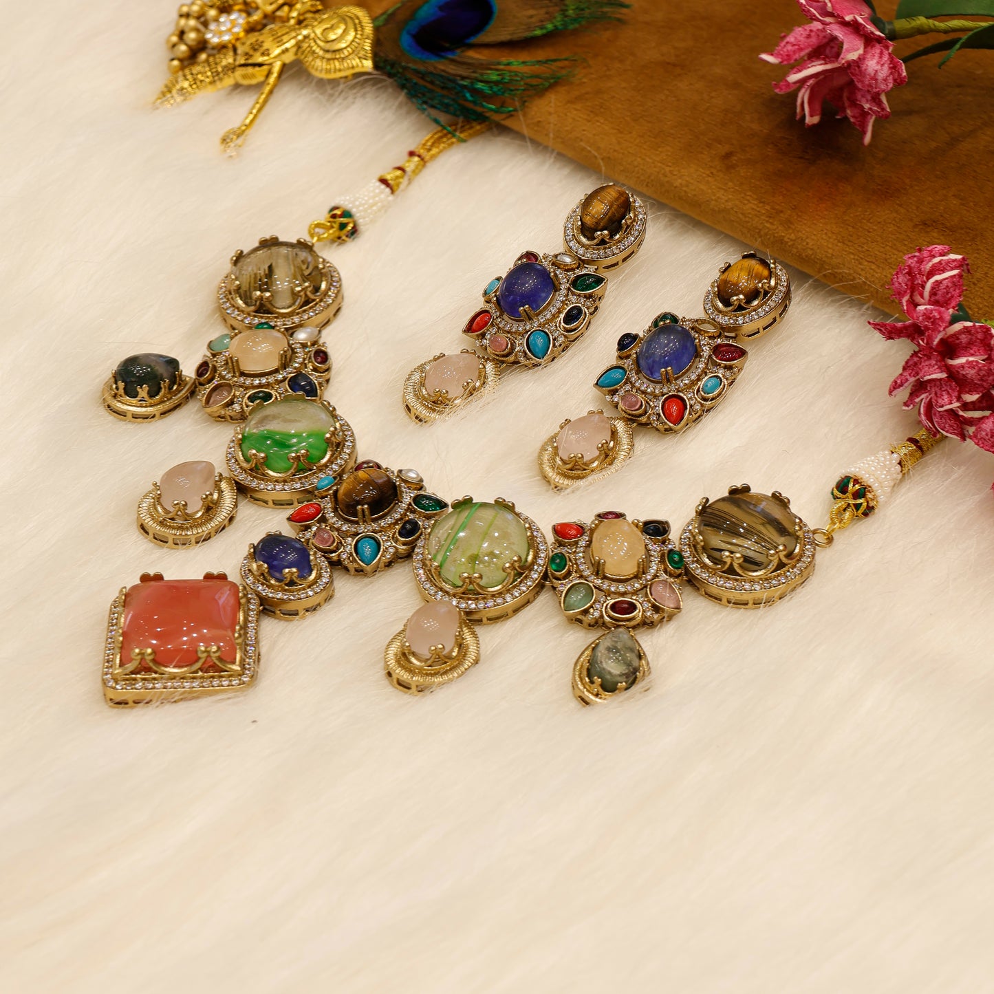 Aanura Navratna Statement Necklace with Multicolor Stones