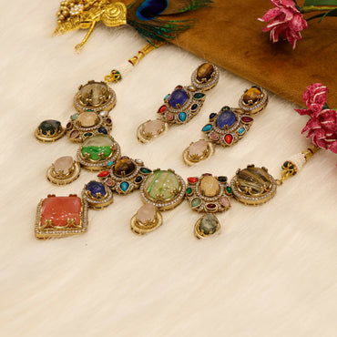 Aanura Navratna Statement Necklace with Multicolor Stones