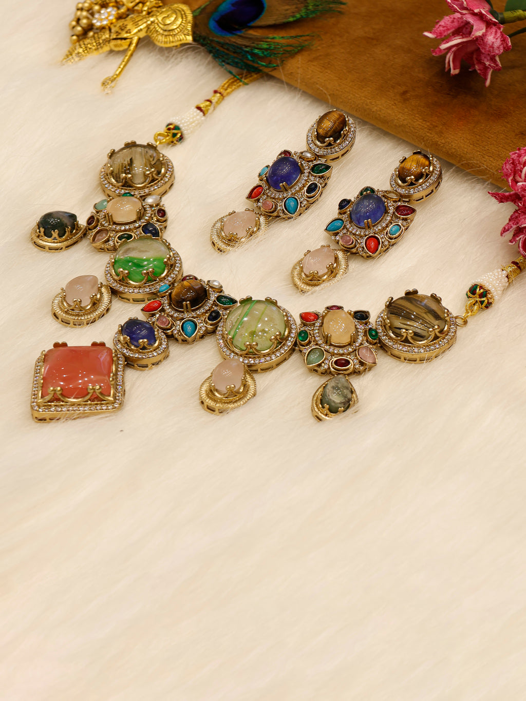 Aanura Navratna Statement Necklace with Multicolor Stones