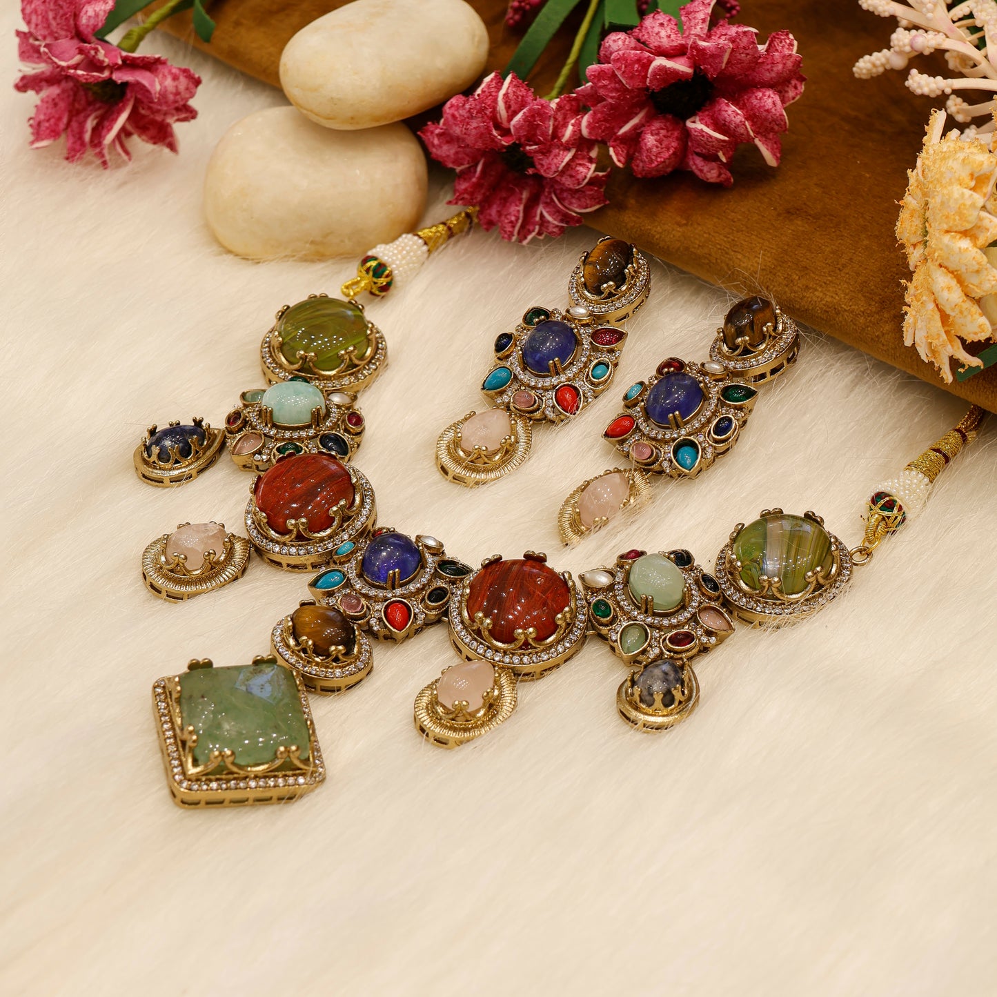 Aanura Navratna Statement Necklace with Multicolor Stones