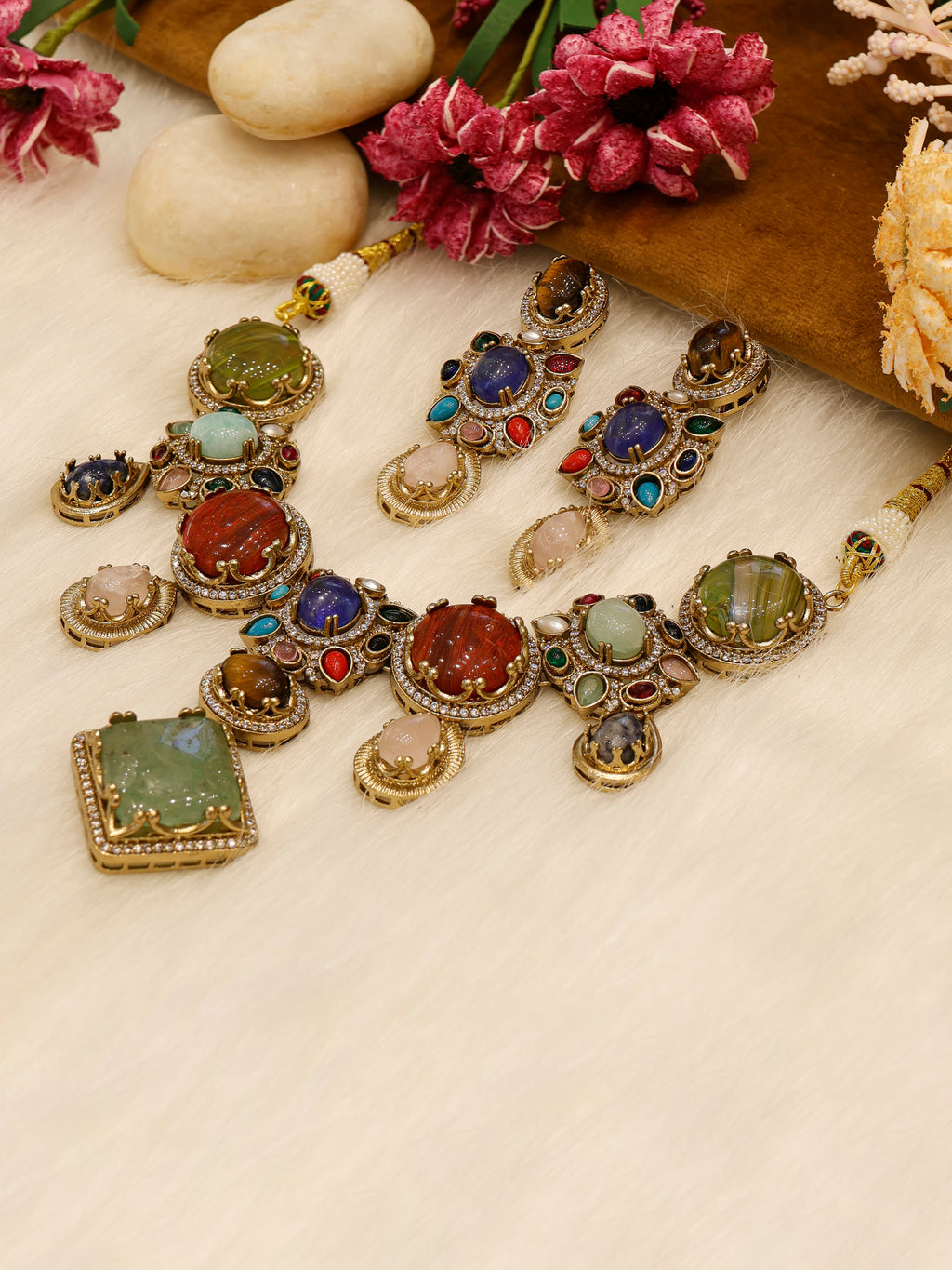 Aanura Navratna Statement Necklace with Multicolor Stones
