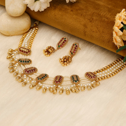 Aanura Multi-Strand Pearl Necklace with Kundan Earrings