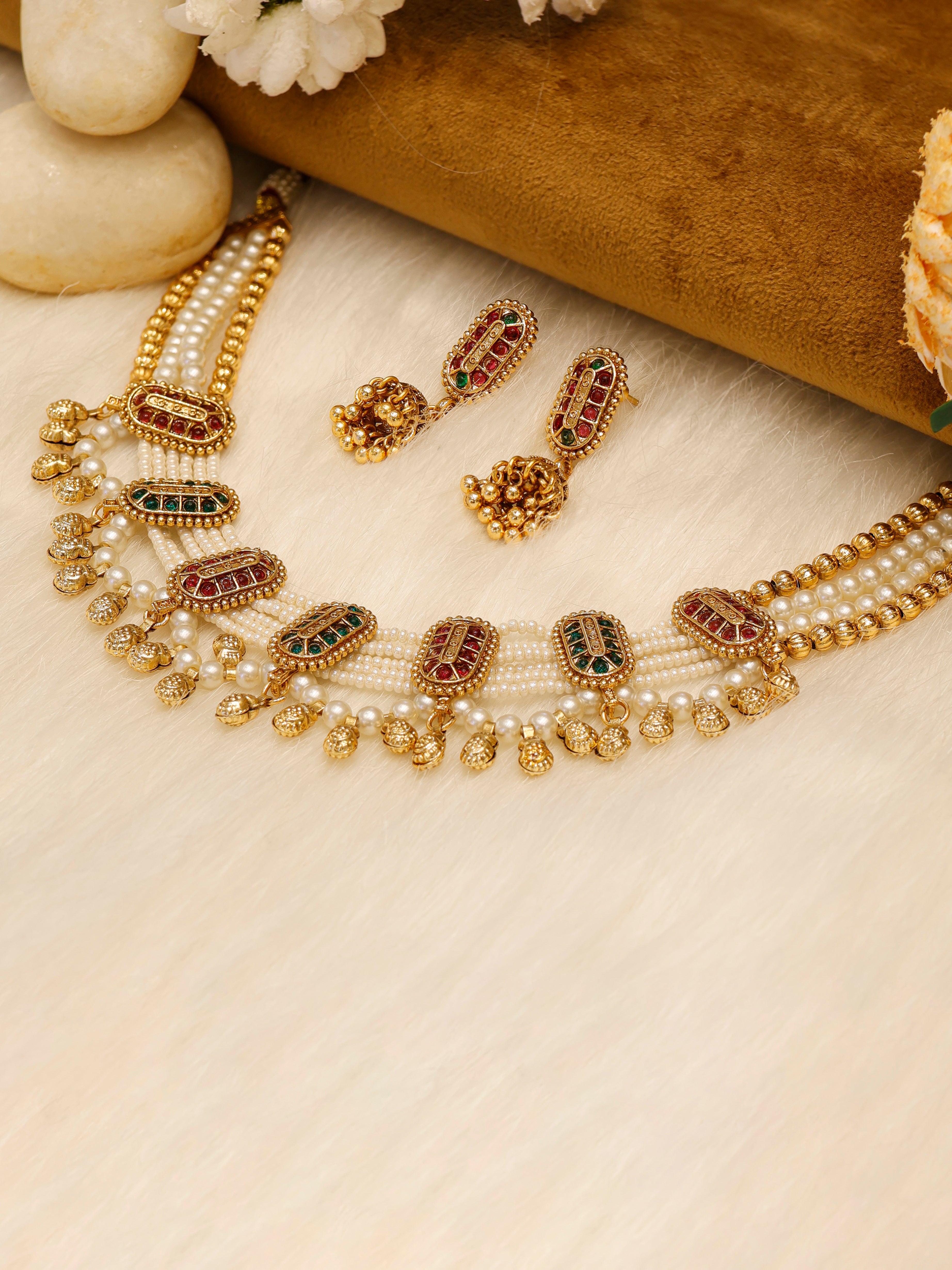 Aanura Multi-Strand Pearl Necklace with Kundan Earrings
