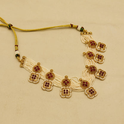 Aanura White Beaded Kundan Choker Necklace with Motifs