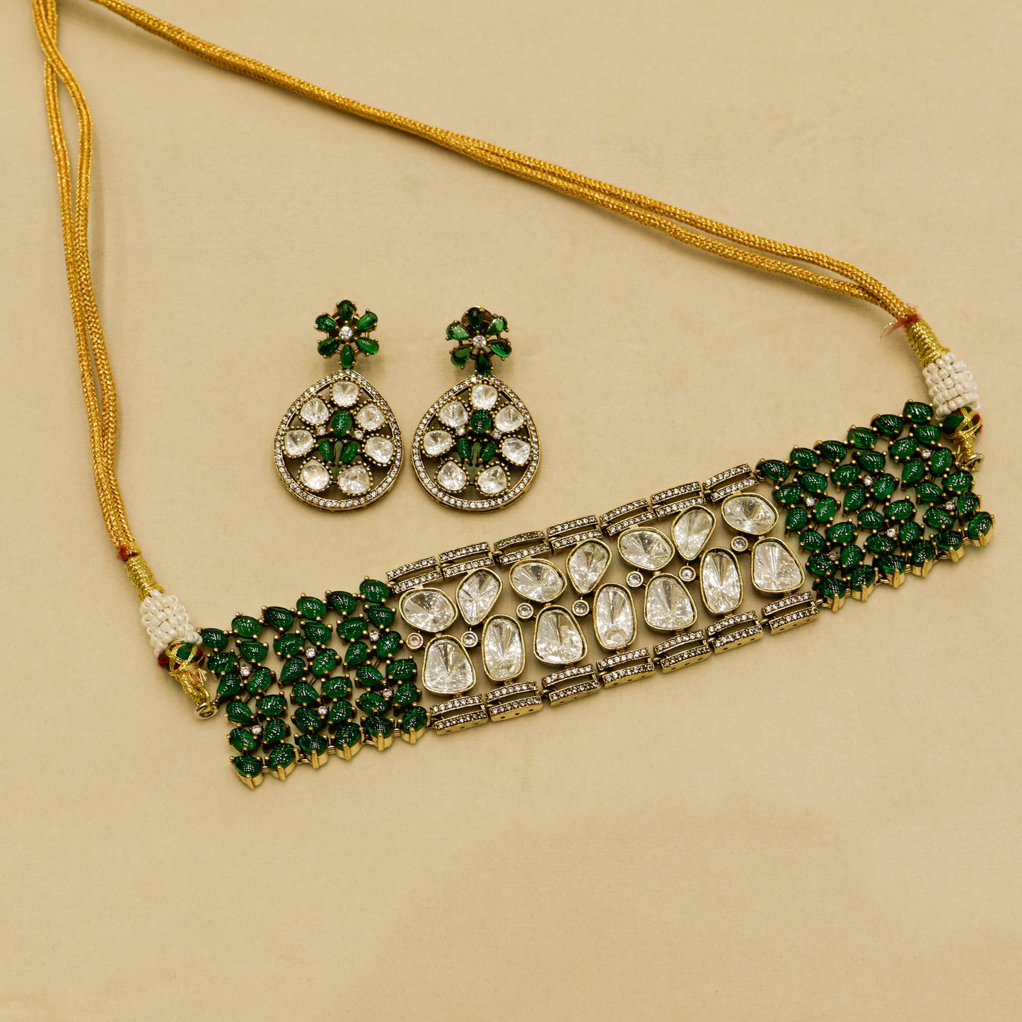 Aanura Emerald Green Kundan Choker Necklace Set
