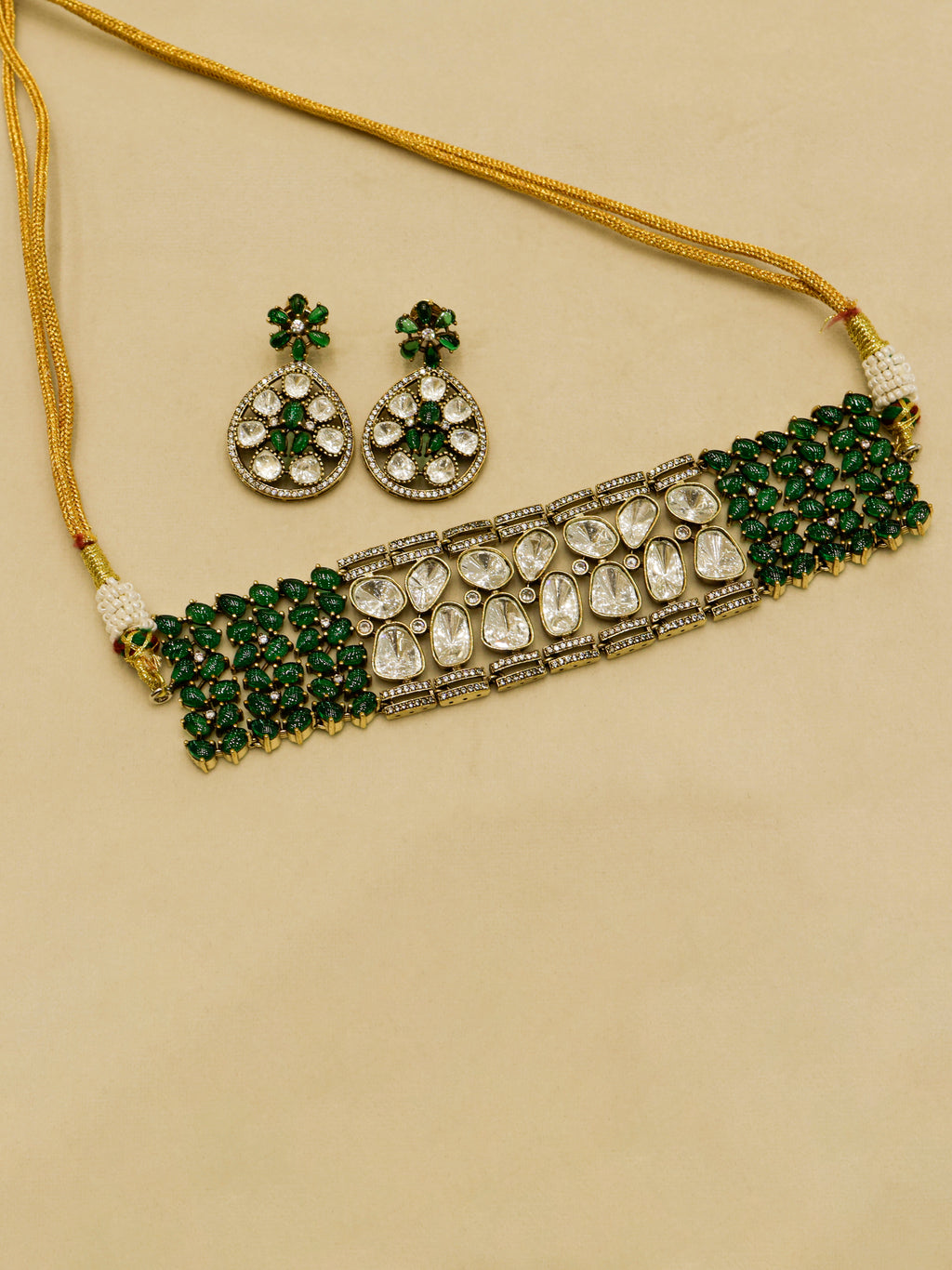 Aanura Emerald Green Kundan Choker Necklace Set