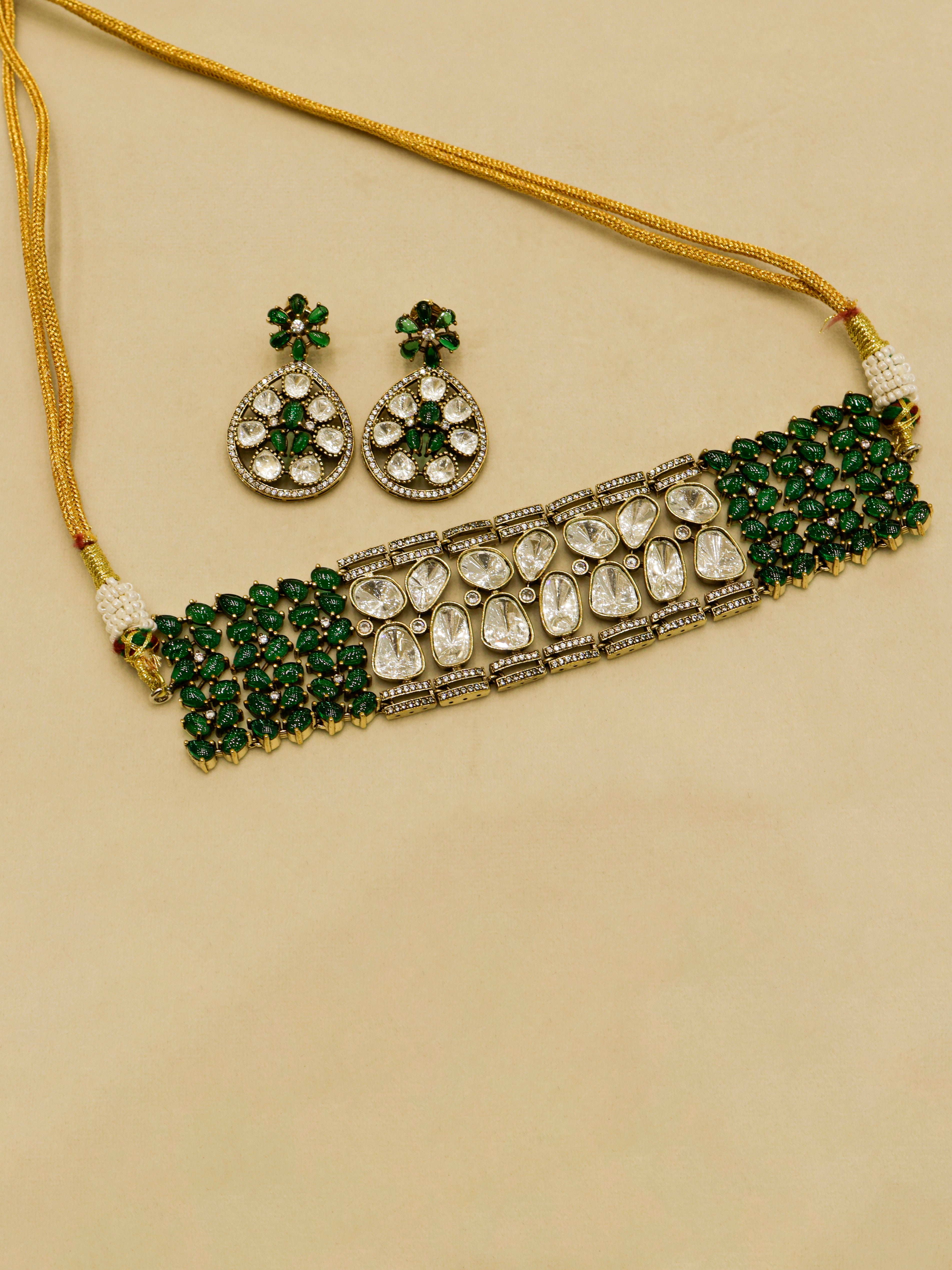Aanura Emerald Green Kundan Choker Necklace Set