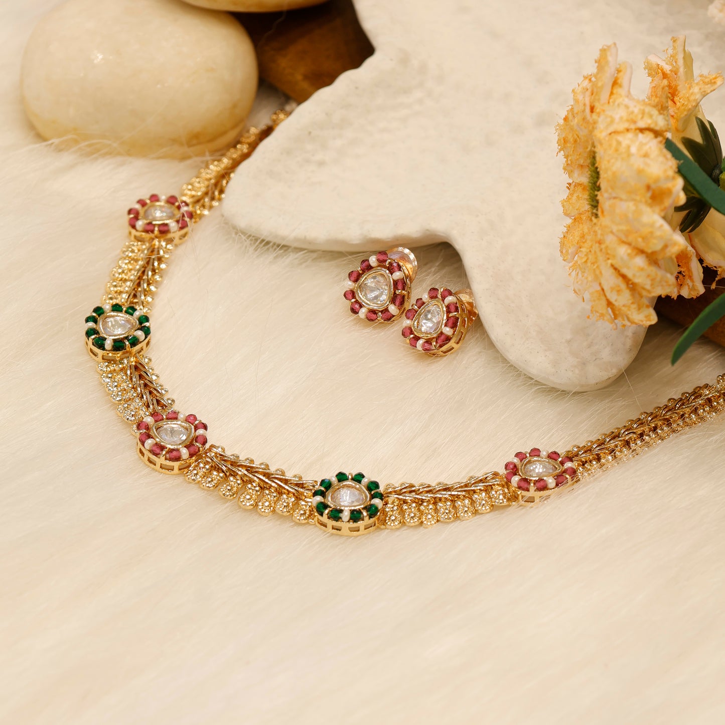 Aanura Delicate Floral Kundan Necklace Set with Earrings