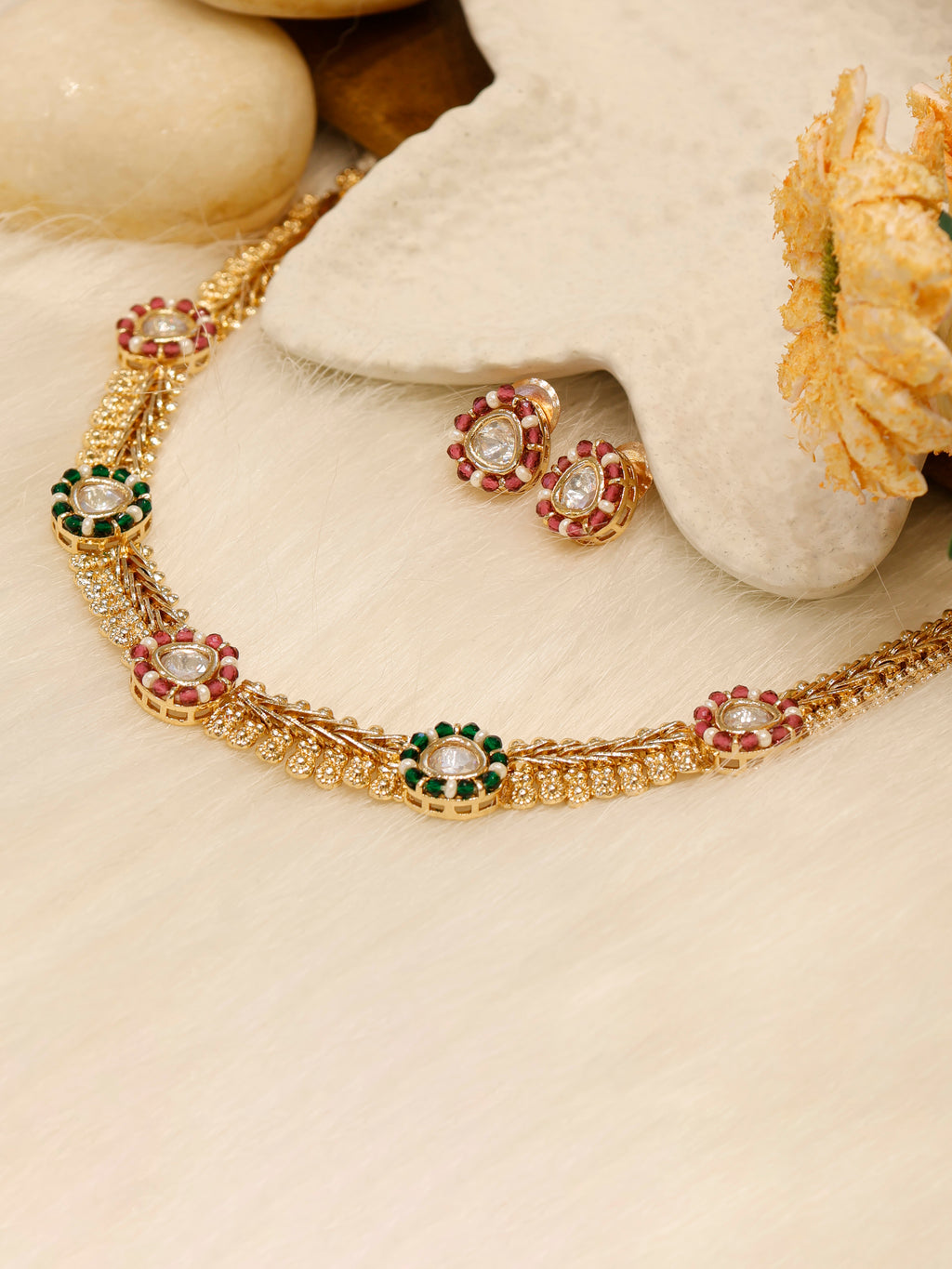 Aanura Delicate Floral Kundan Necklace Set with Earrings