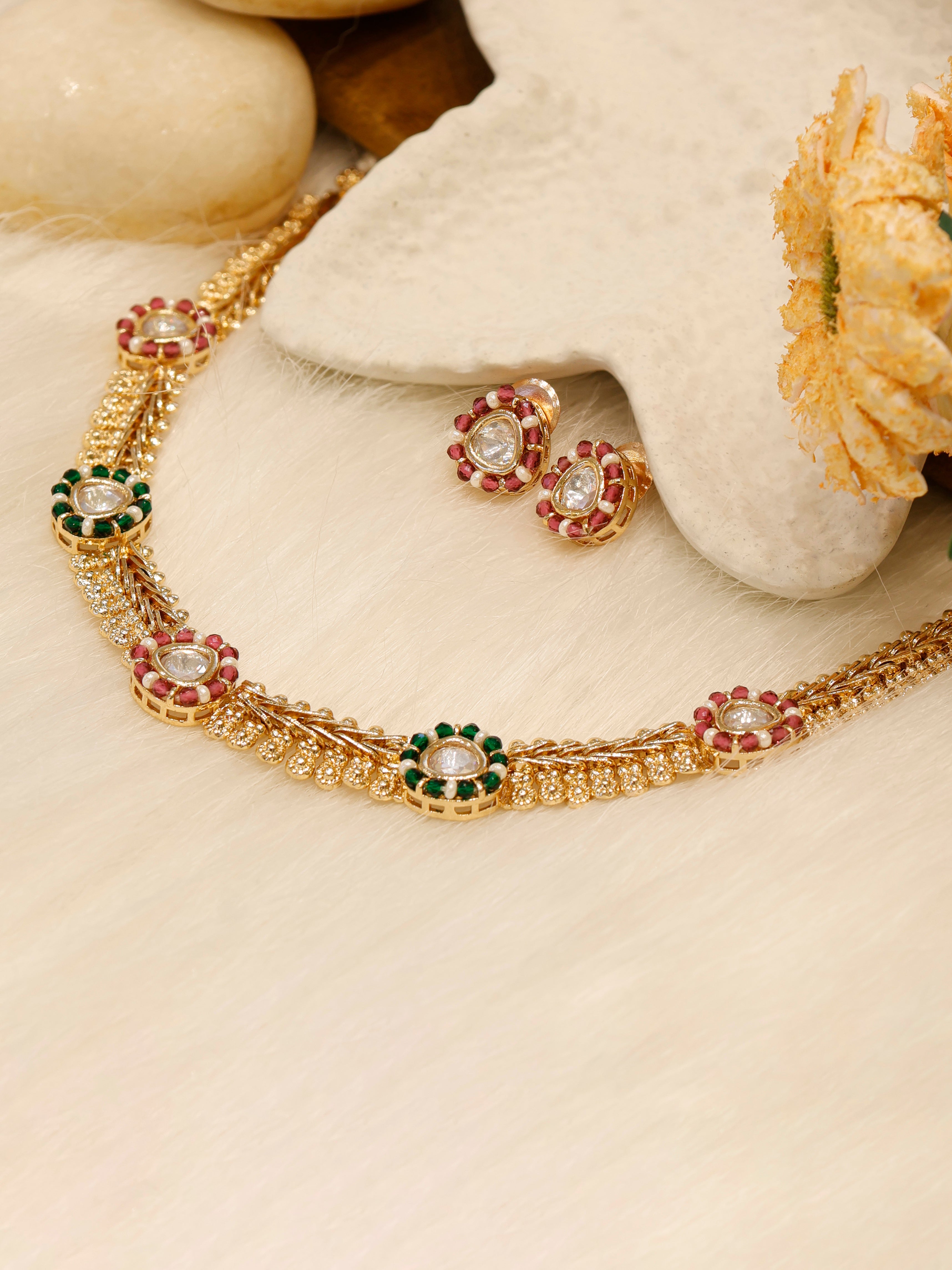 Aanura Delicate Floral Kundan Necklace Set with Earrings