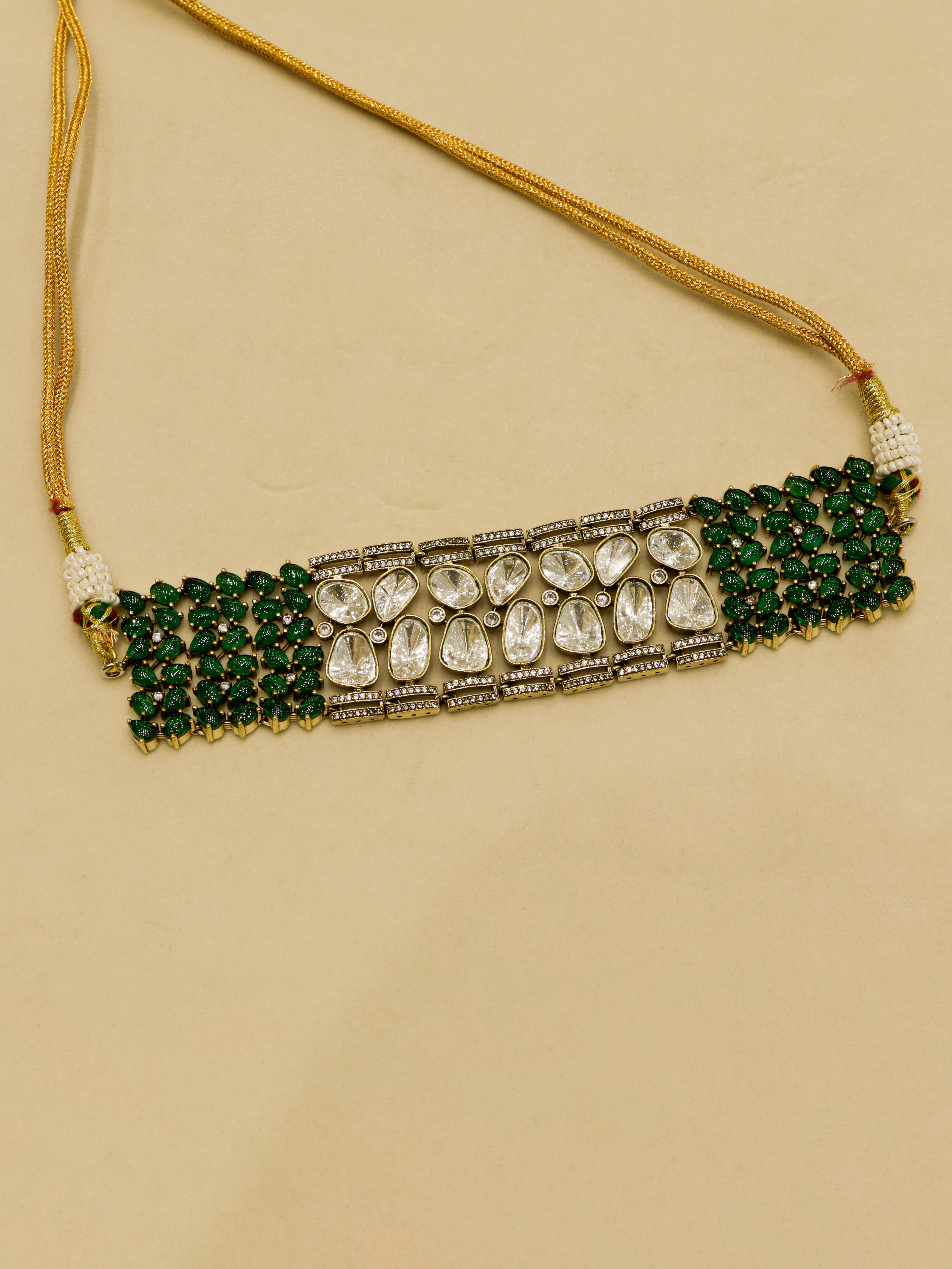 Aanura Emerald Green Kundan Choker Necklace Set