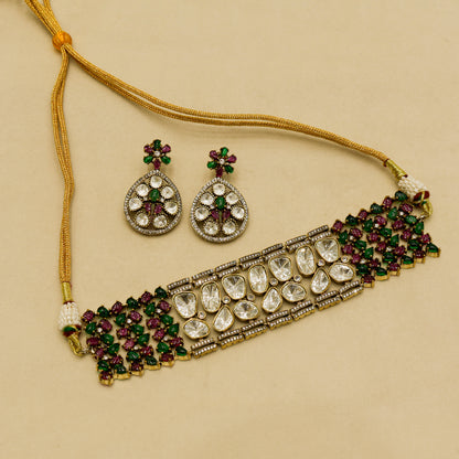 Aanura Emerald Green Kundan Choker Necklace Set