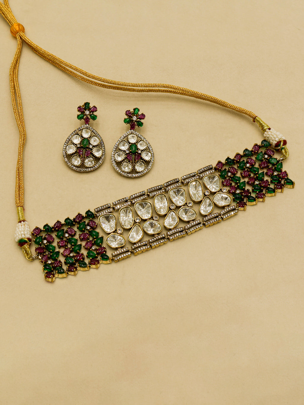 Aanura Emerald Green Kundan Choker Necklace Set