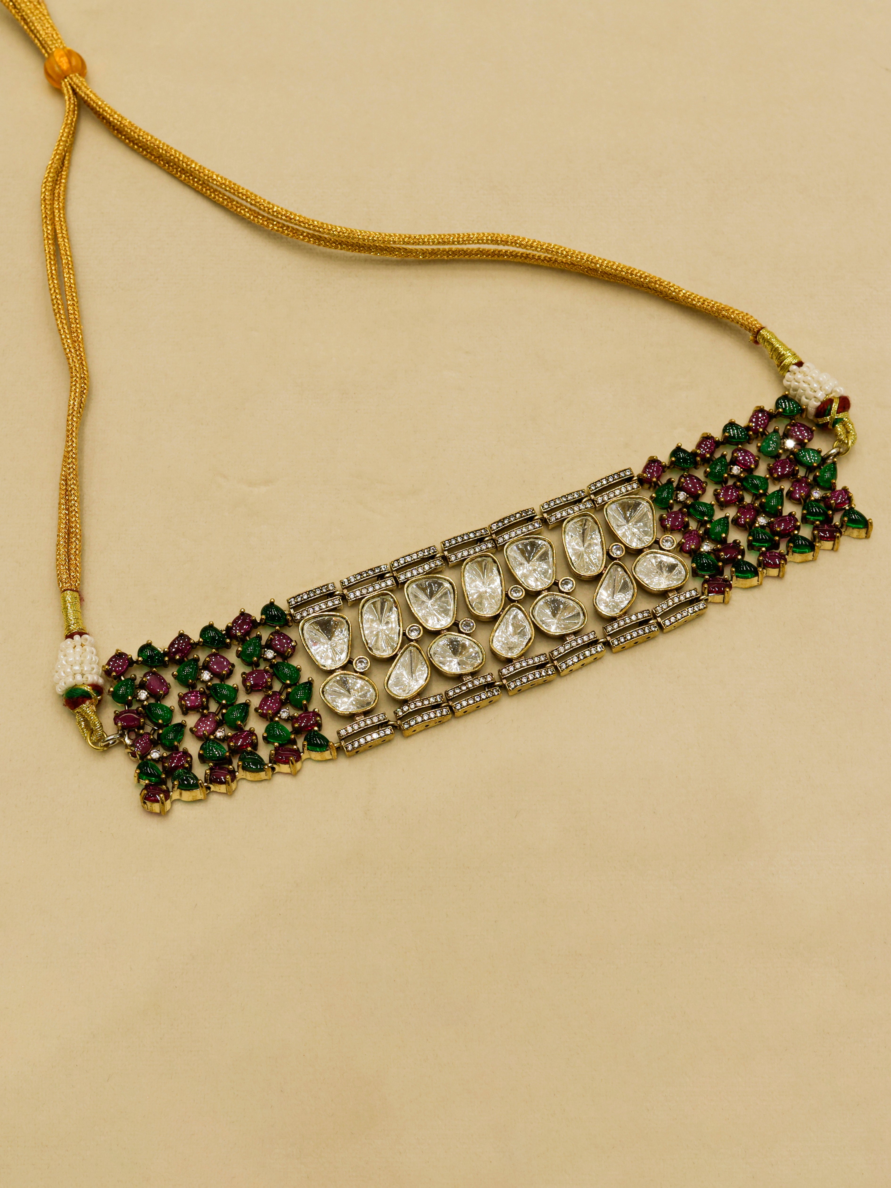Aanura Emerald Green Kundan Choker Necklace Set