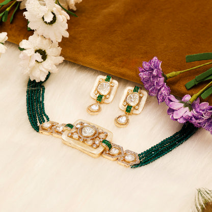 Aanura Statement Choker Necklace with Square Motif & Earrings