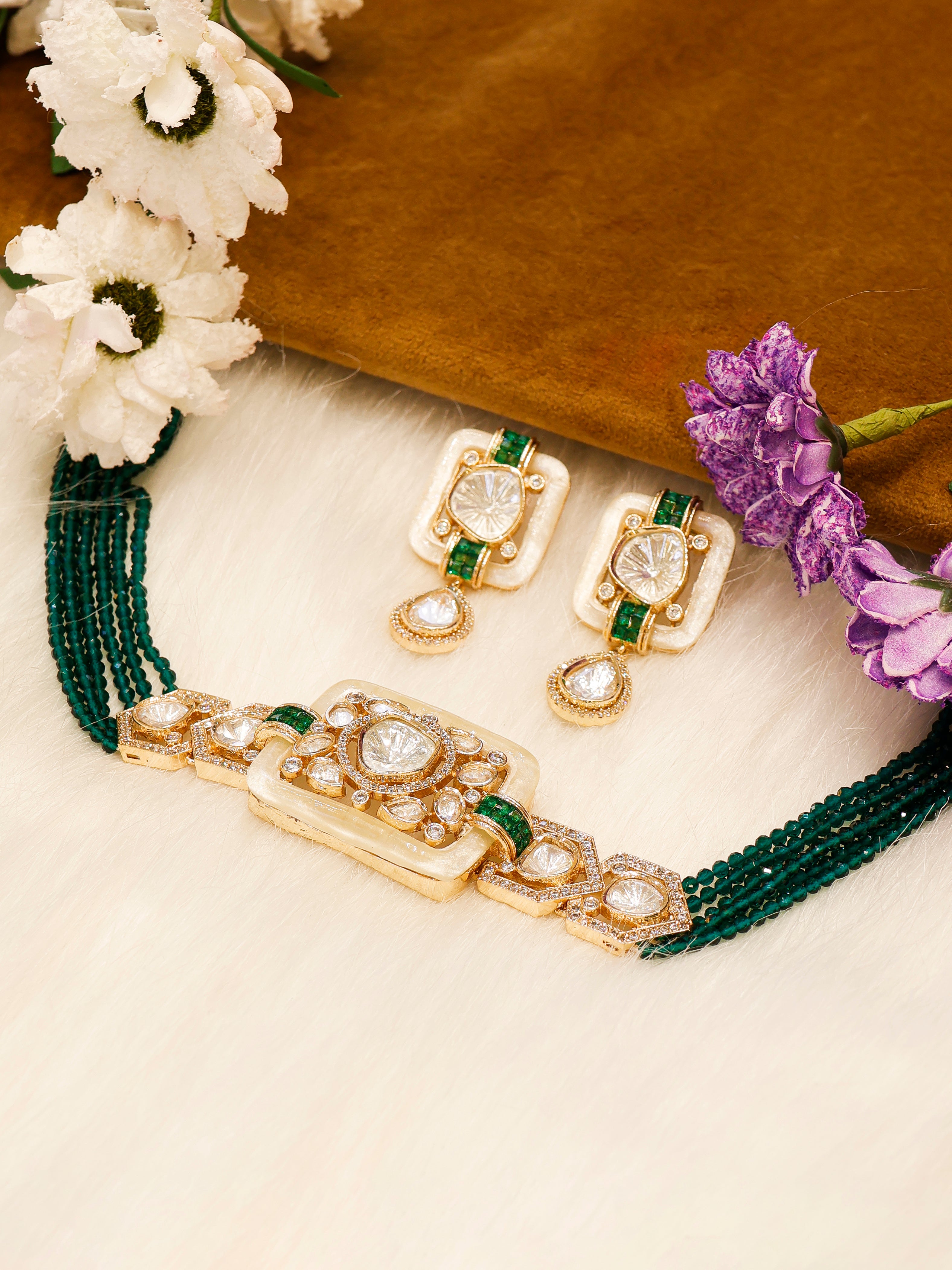 Aanura Statement Choker Necklace with Square Motif & Earrings