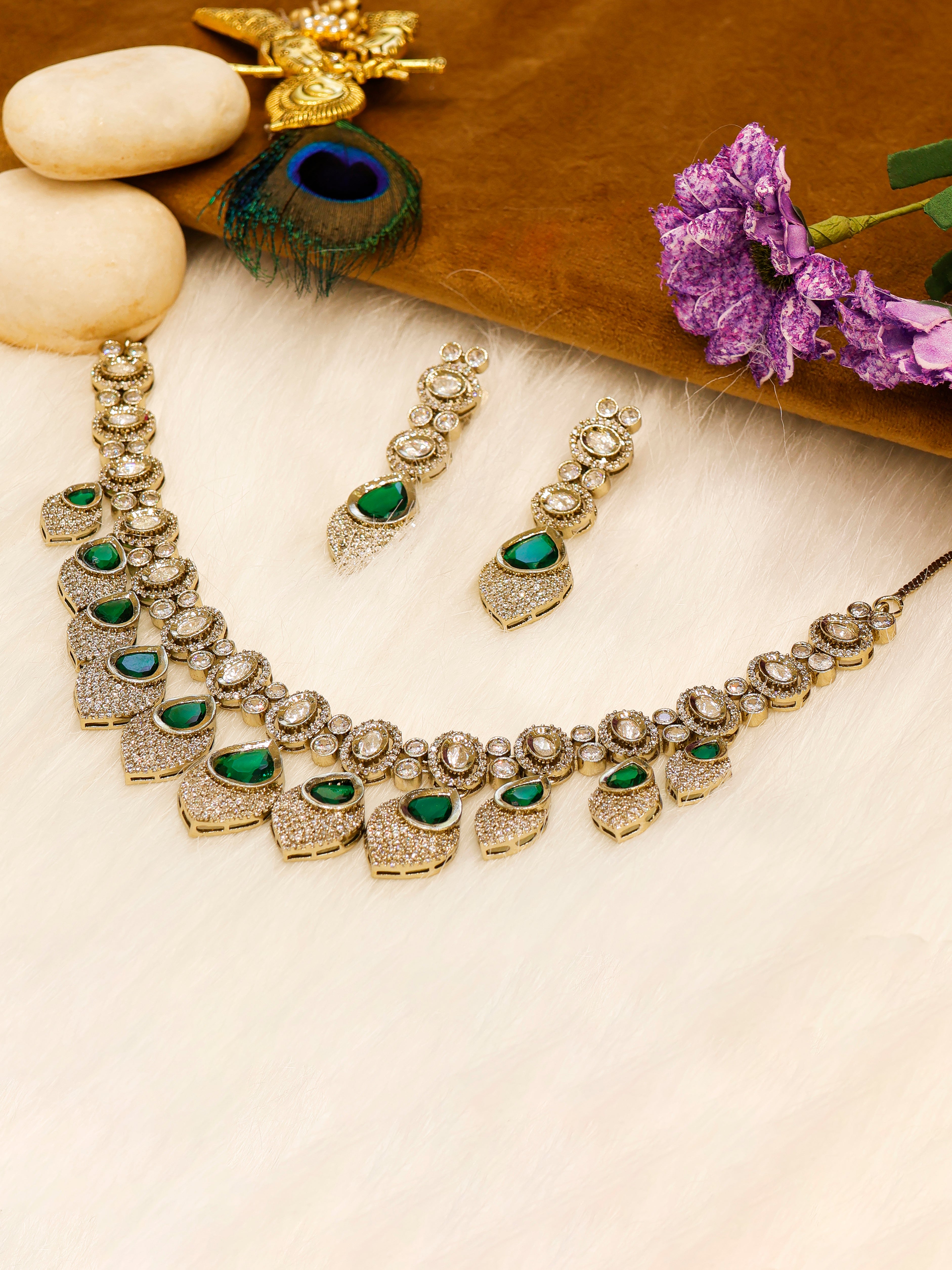 Aanura Lavender Drop Kundan Necklace Set with Earrings