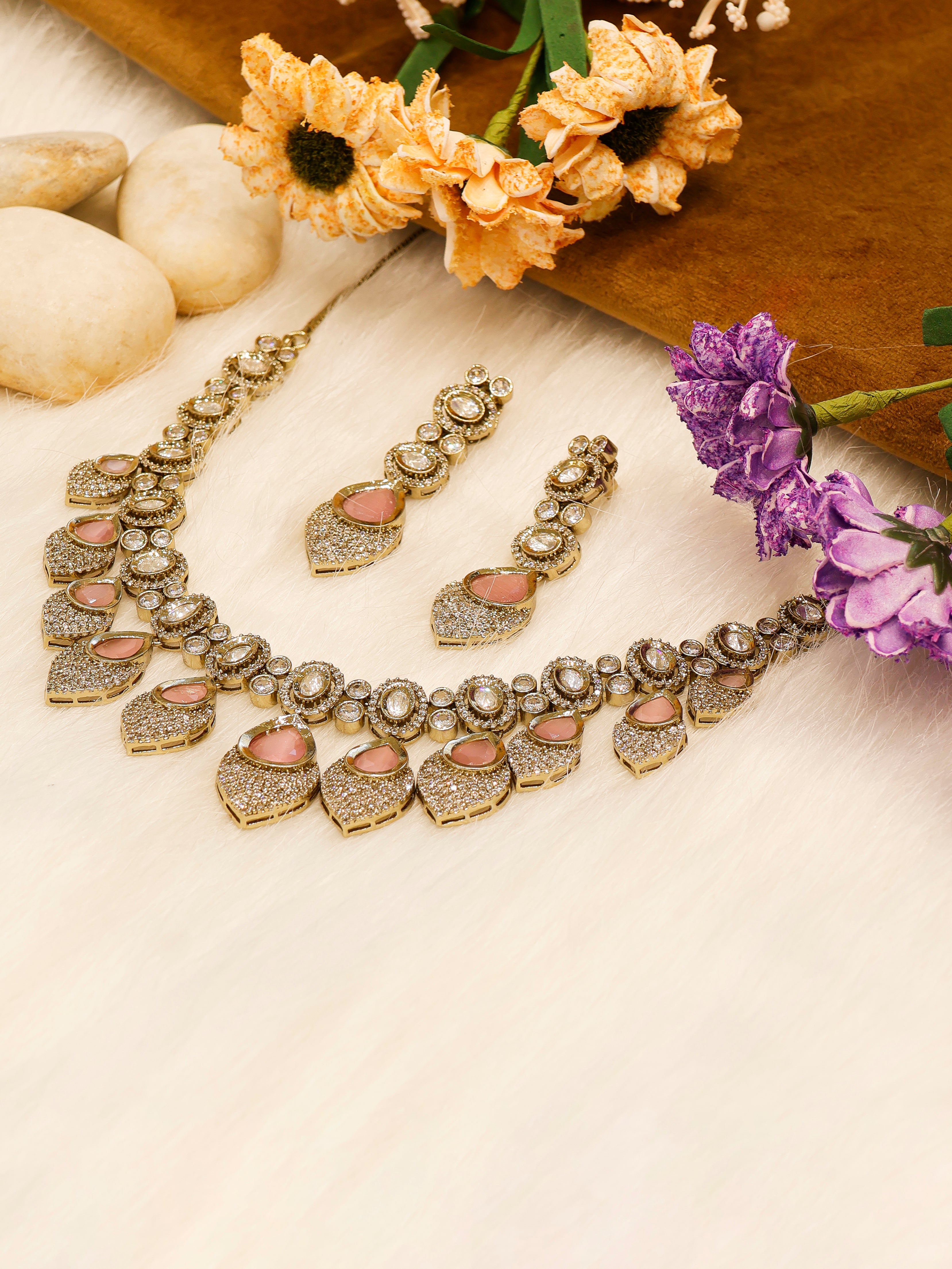 Aanura Lavender Drop Kundan Necklace Set with Earrings