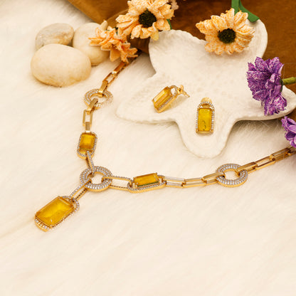 Aanura Yellow Stone Modern Necklace Set with Earrings