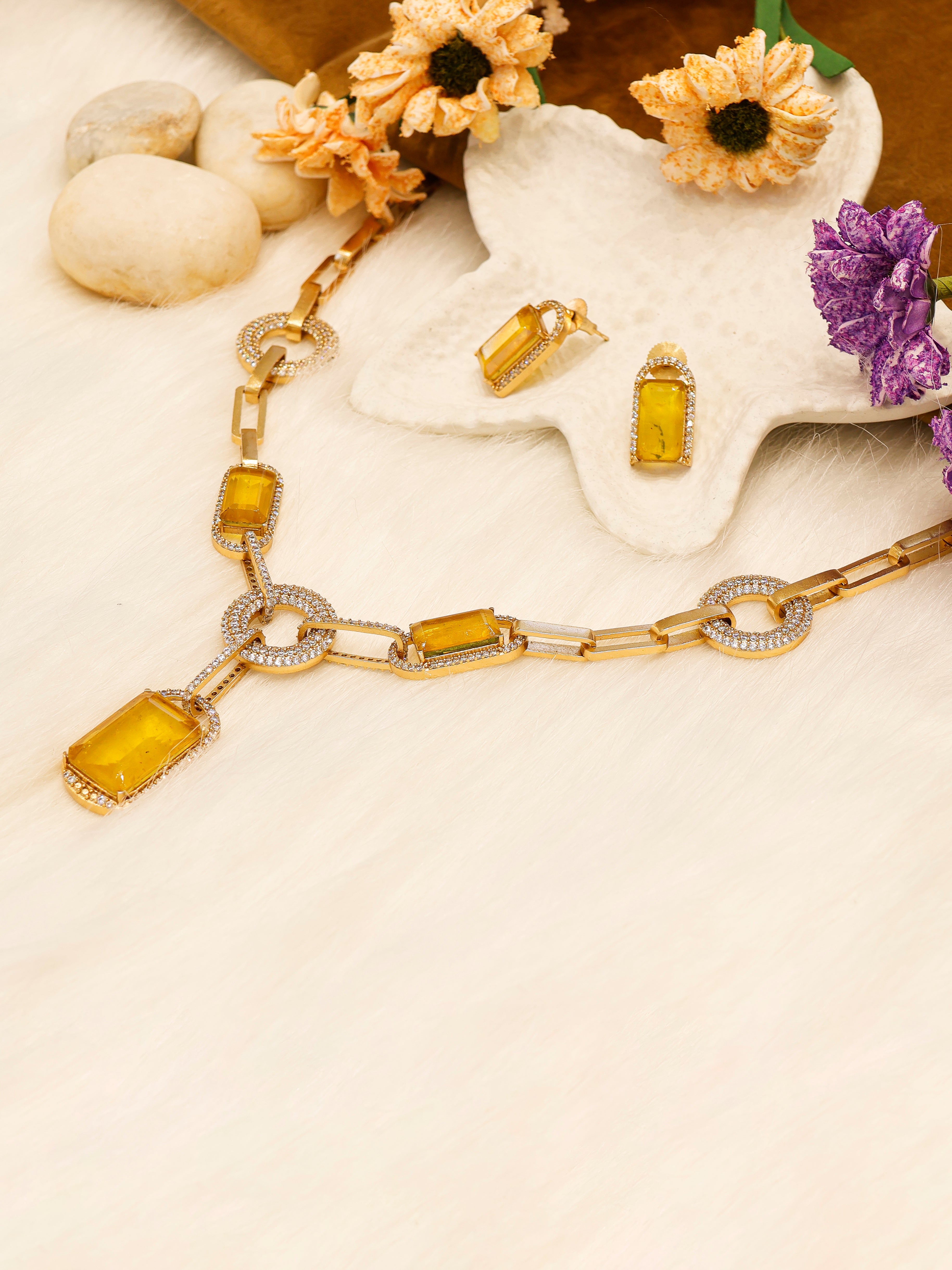 Aanura Yellow Stone Modern Necklace Set with Earrings