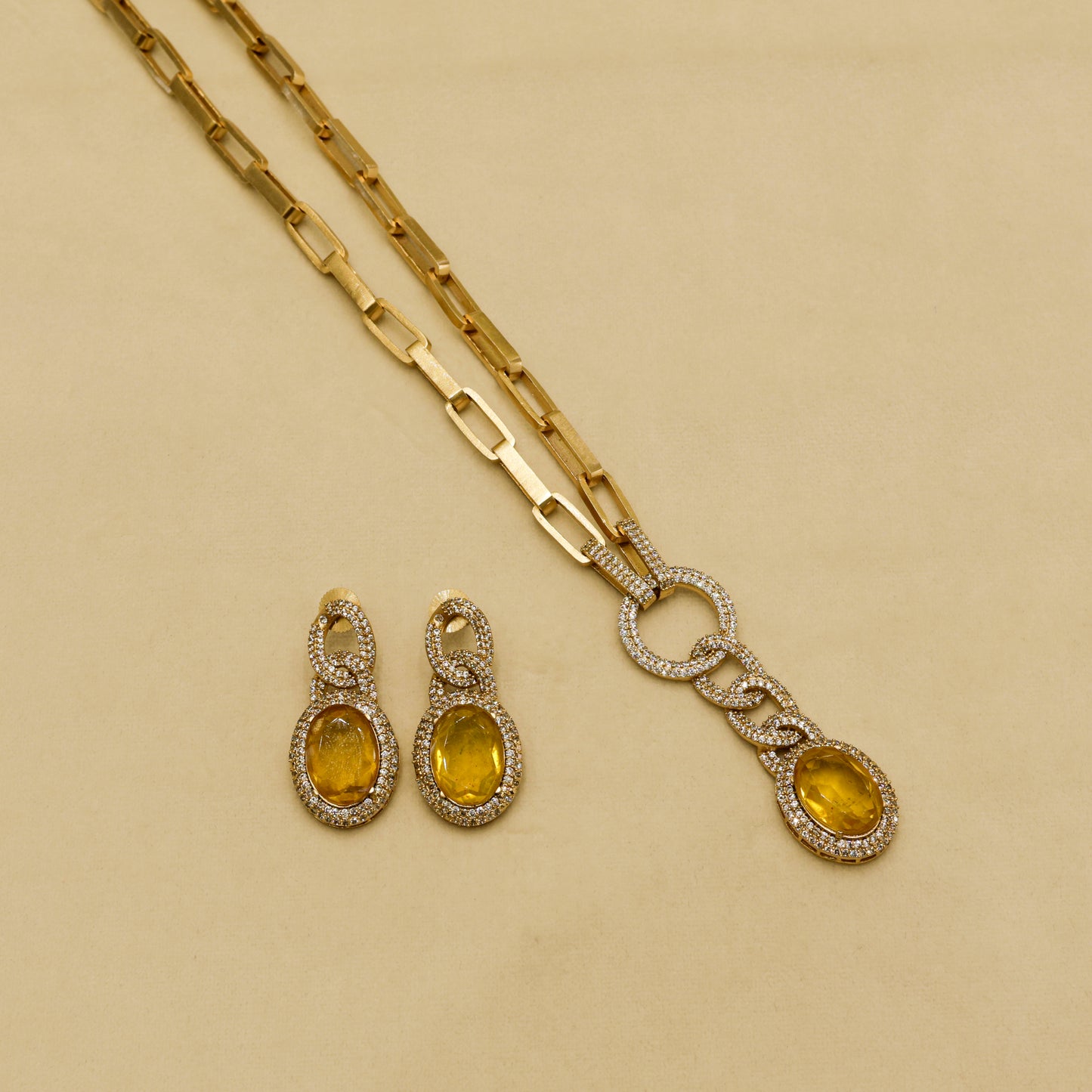 Aanura Red Stone Chain-Link Necklace with Earrings