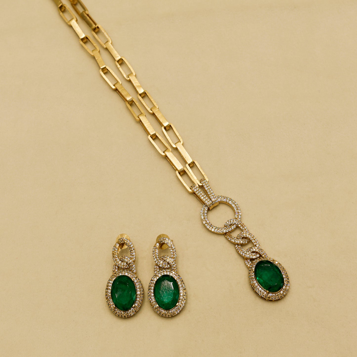 Aanura Red Stone Chain-Link Necklace with Earrings