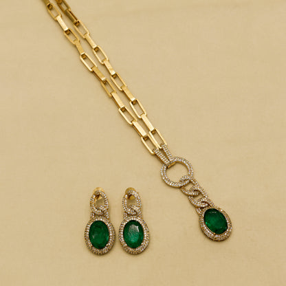 Aanura Red Stone Chain-Link Necklace with Earrings