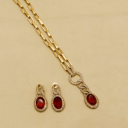 Aanura Red Stone Chain-Link Necklace with Earrings