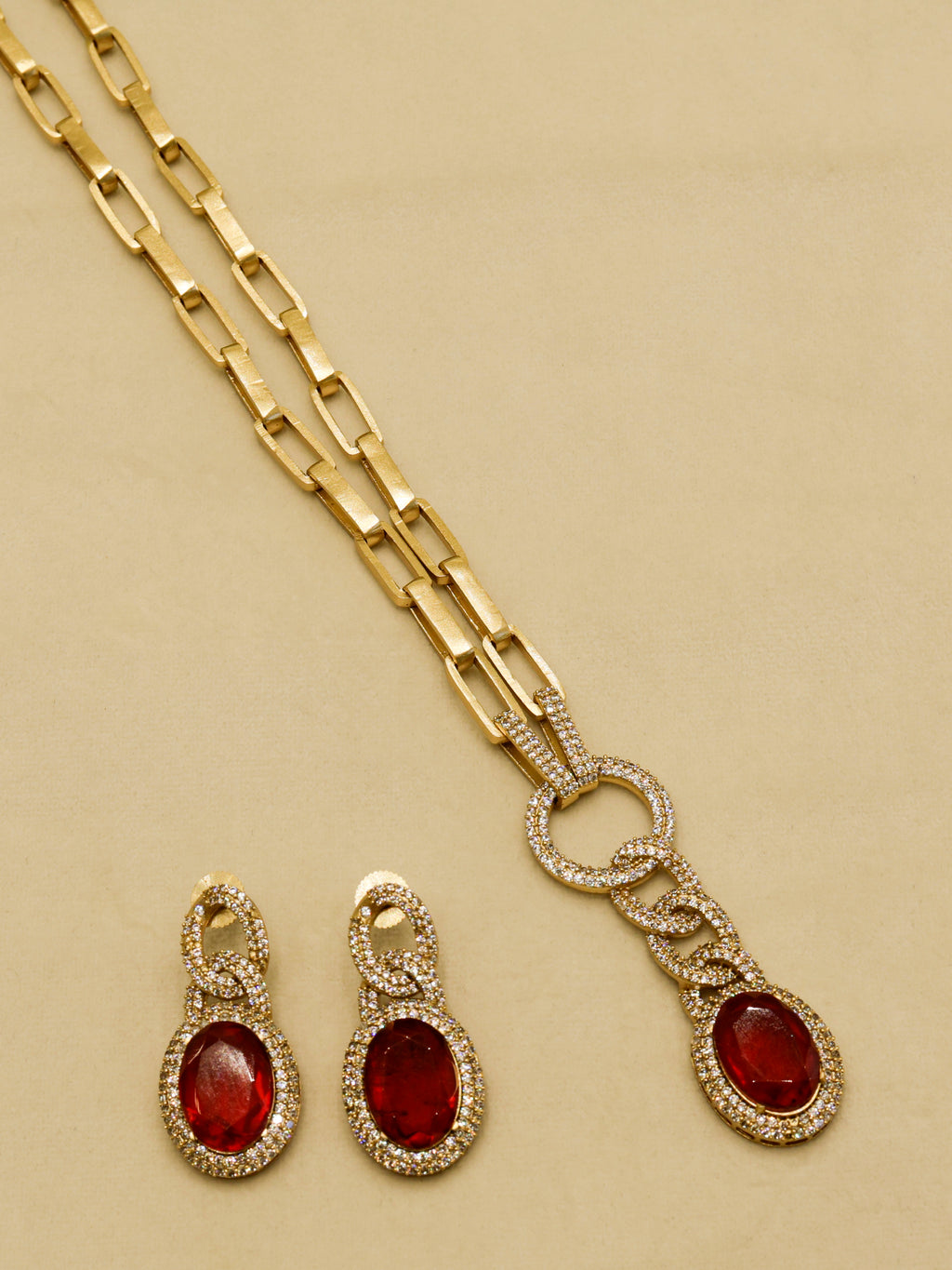 Aanura Red Stone Chain-Link Necklace with Earrings
