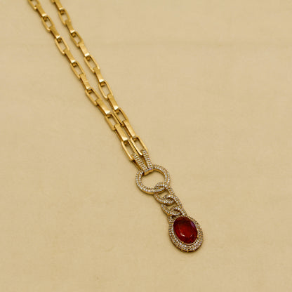Aanura Red Stone Chain-Link Necklace with Earrings