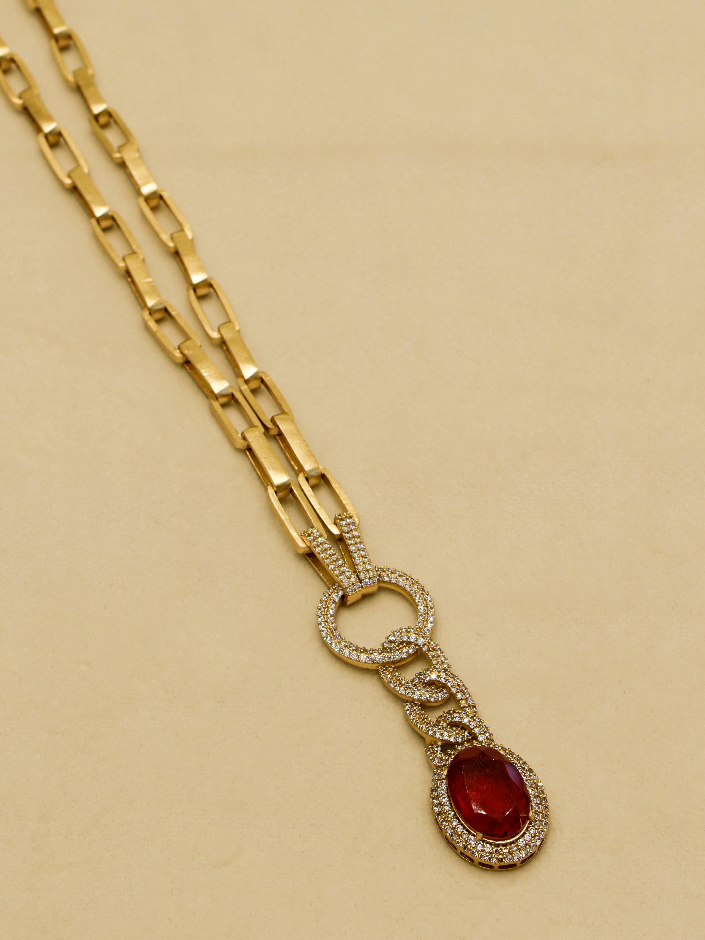 Aanura Red Stone Chain-Link Necklace with Earrings