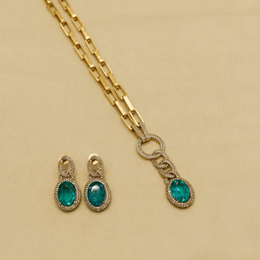 Aanura Red Stone Chain-Link Necklace with Earrings