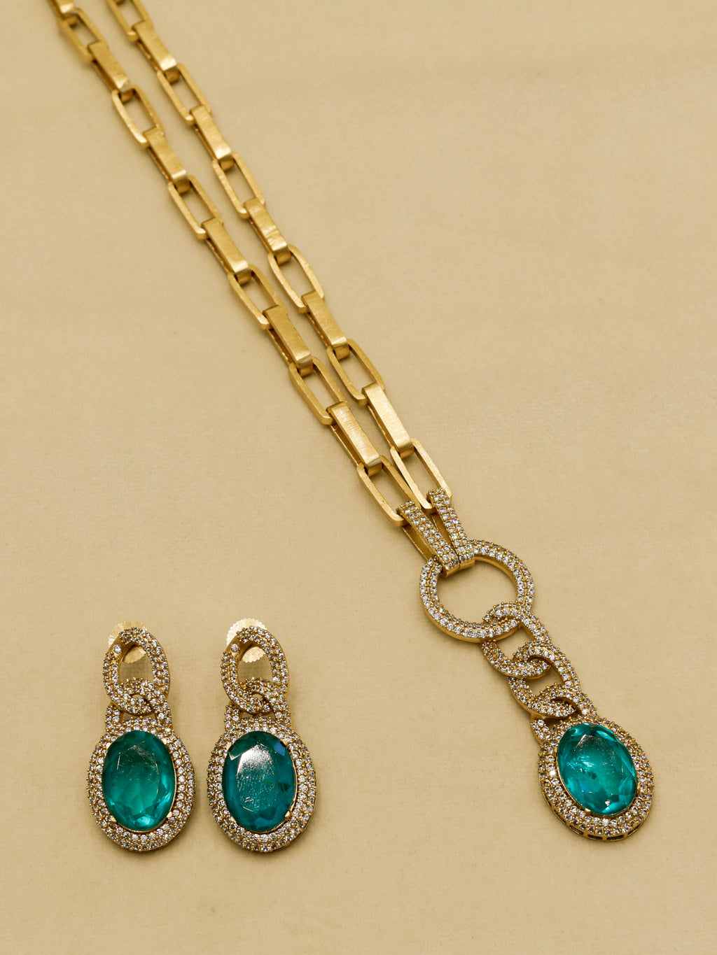 Aanura Red Stone Chain-Link Necklace with Earrings