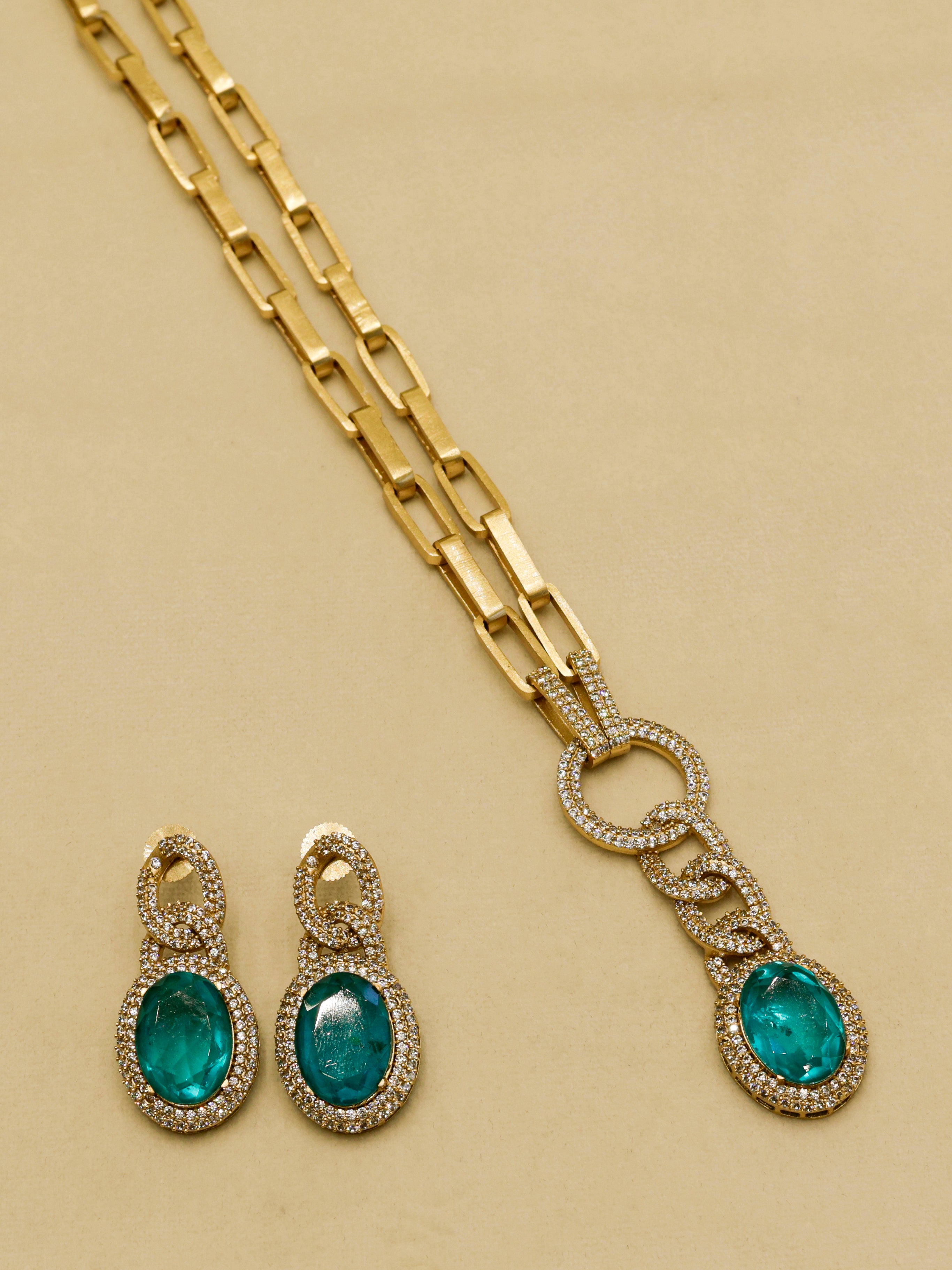 Aanura Red Stone Chain-Link Necklace with Earrings