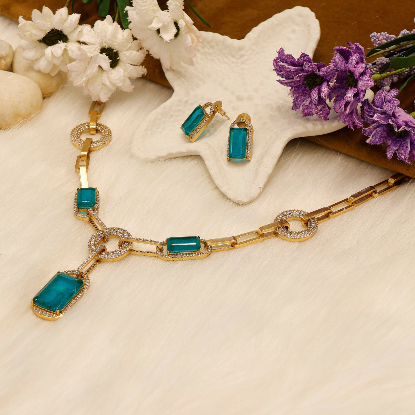 Aanura Yellow Stone Modern Necklace Set with Earrings